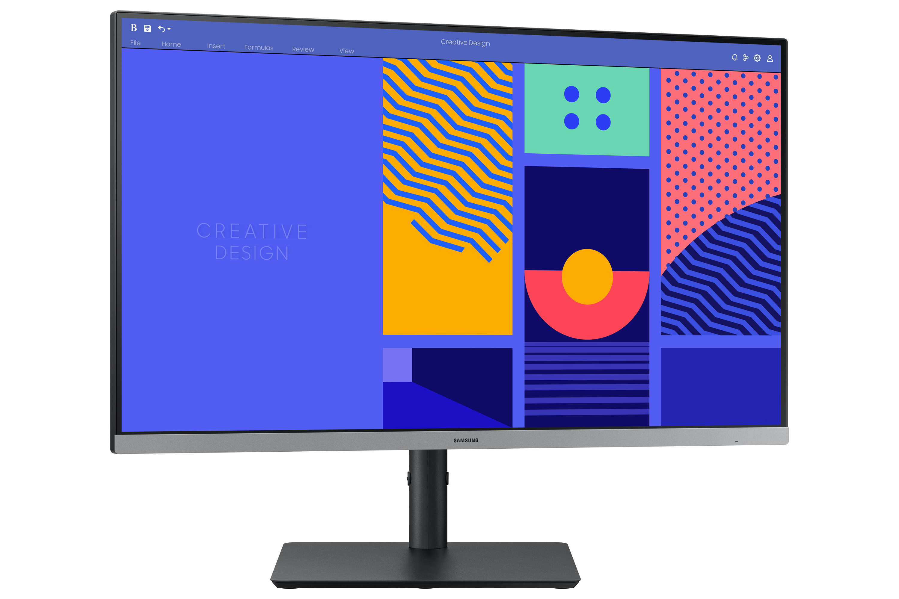 Monitor SAMSUNG mostra un design colorato sullo schermo, con supporto nero.