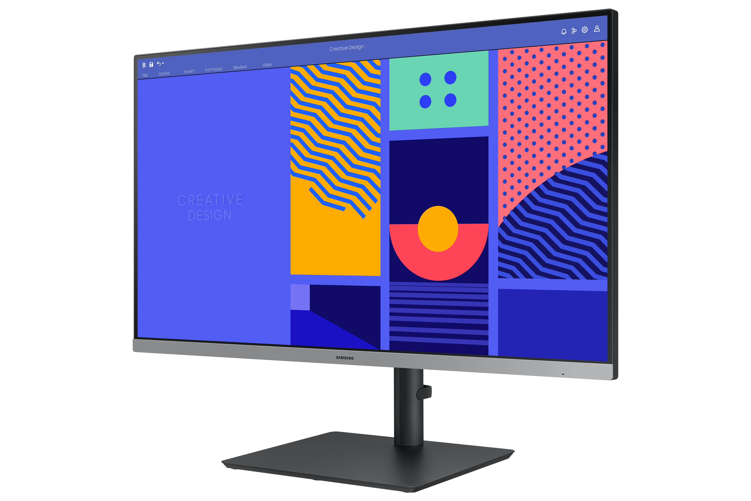 Un monitor Samsung con un design colorato sullo schermo, su sfondo bianco.