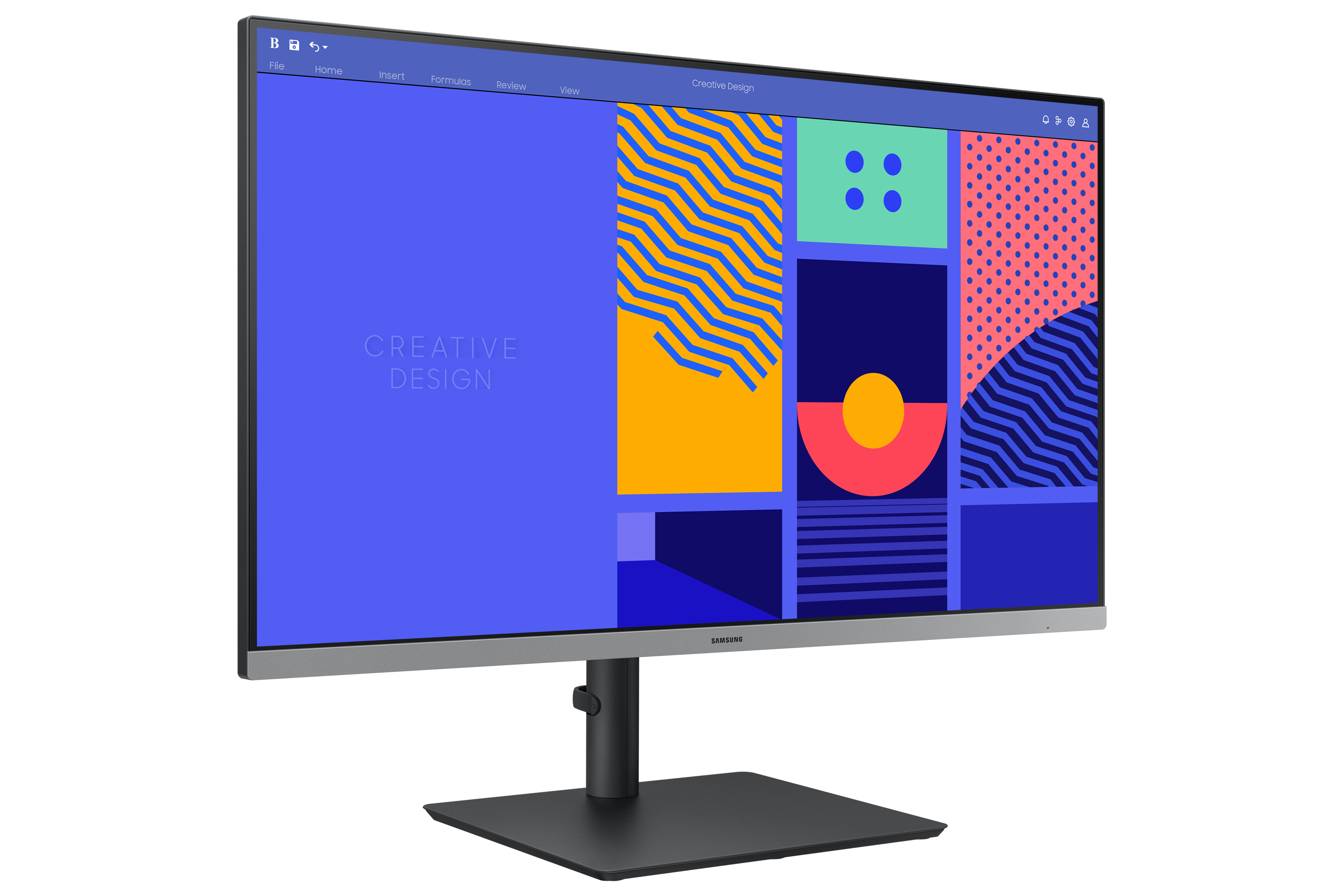 Monitor Samsung. Lo schermo mostra un design creativo. Sfondo blu con forme geometriche colorate.