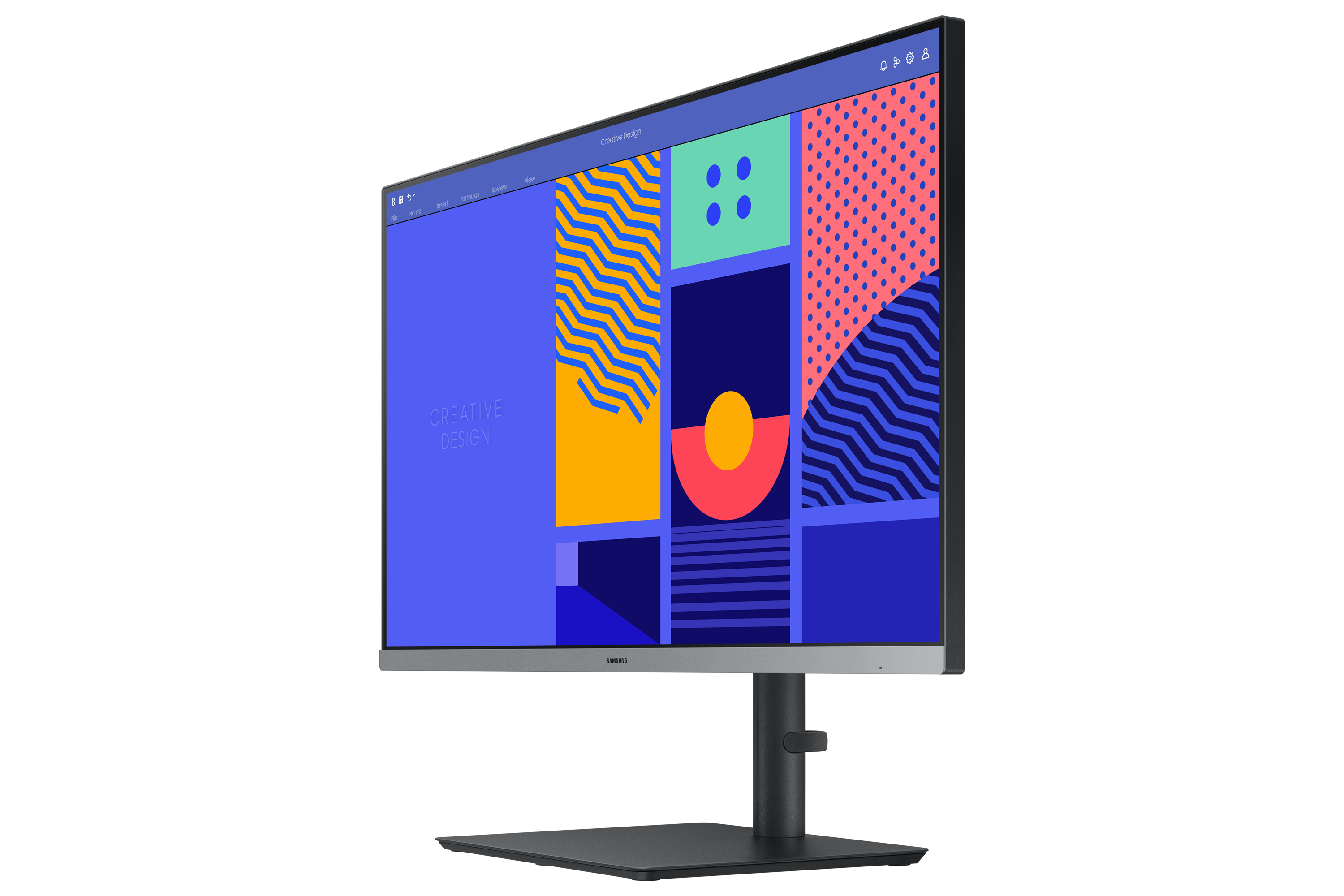 Un monitor per computer con un design colorato sullo schermo. Il monitor è su un supporto.