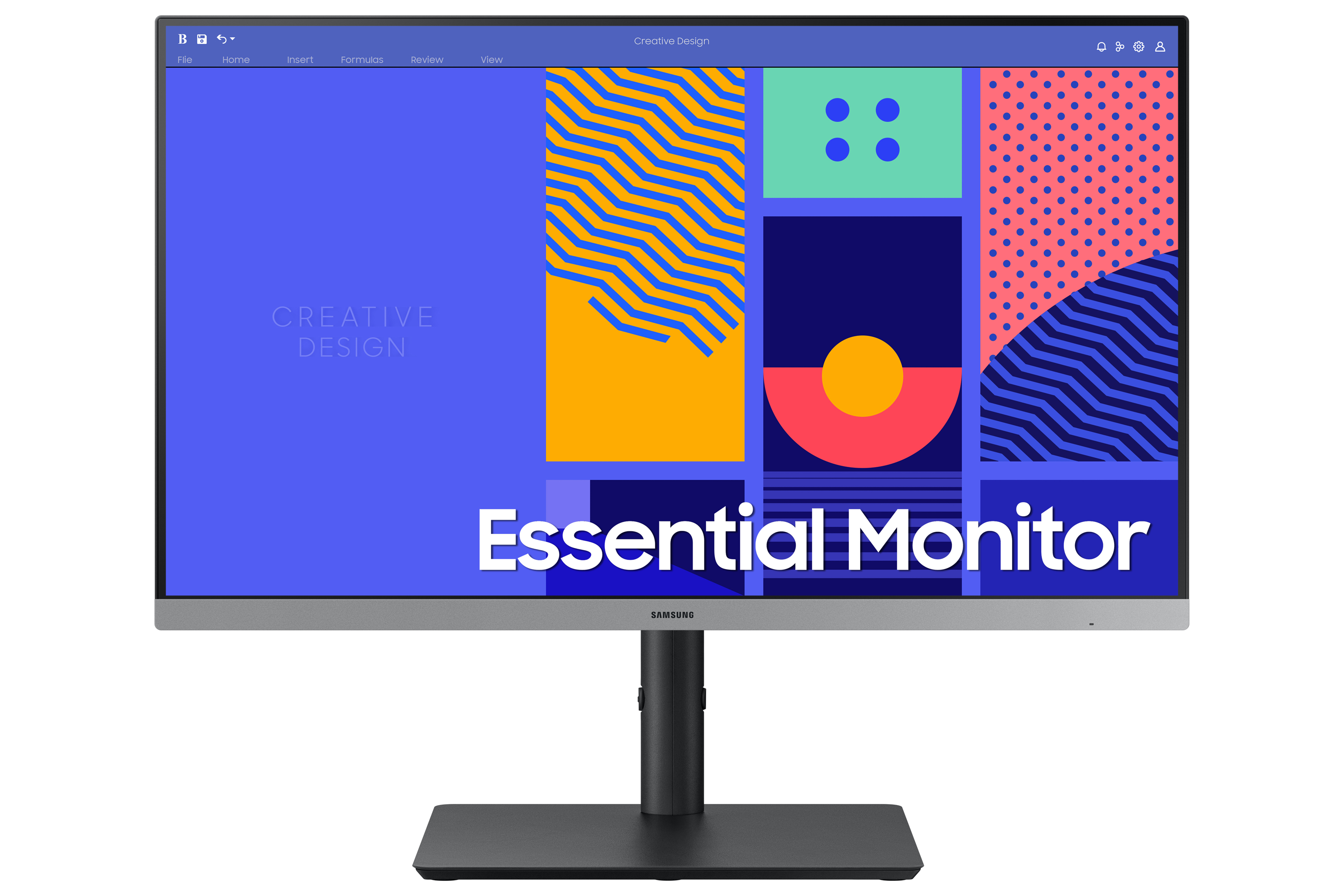 Un monitor Samsung che mostra uno schermo colorato 'Creative Design'.