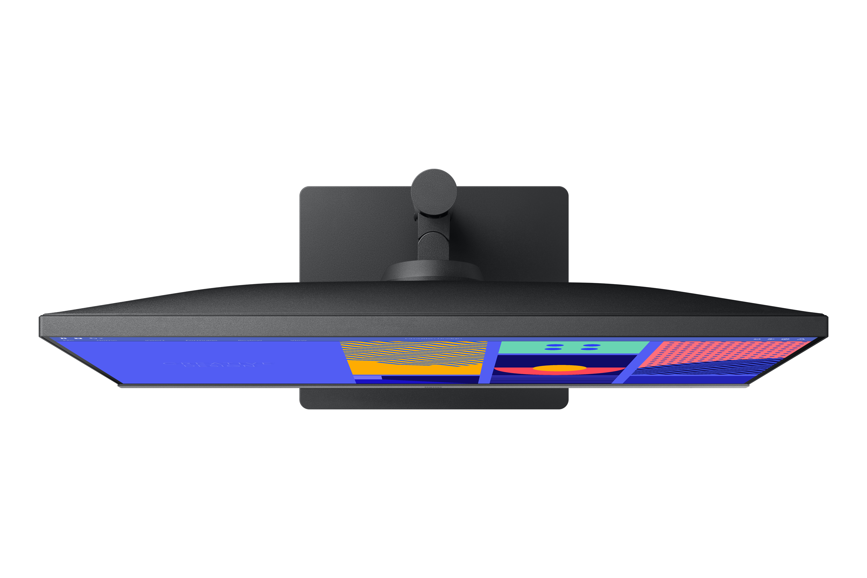 Vista dall'alto di un monitor nero con design astratto colorato sullo schermo. Base nera.