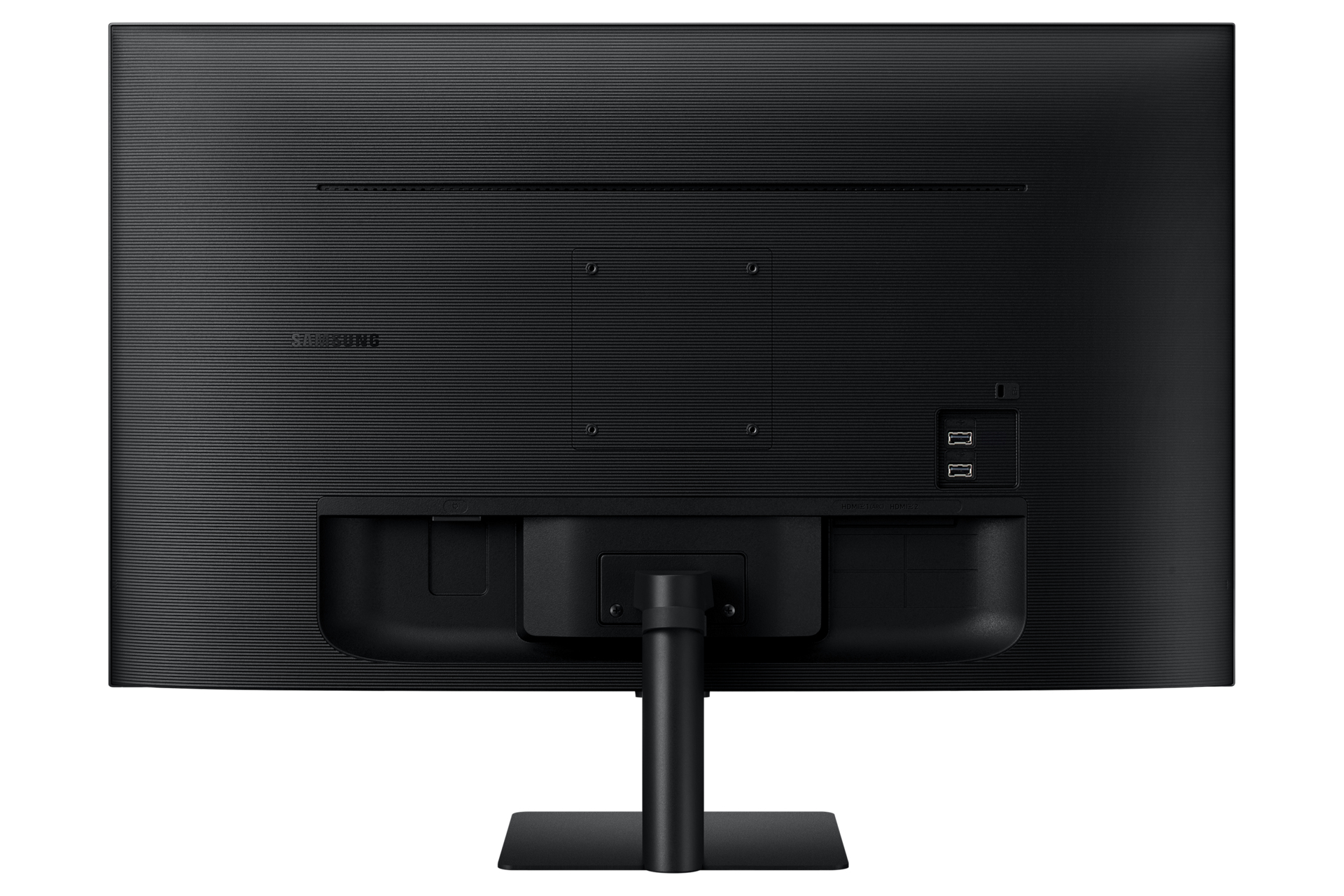 Rückansicht eines schwarzen Monitors mit Anschlüssen und Ständerdetails. Einfacher weißer Hintergrund.