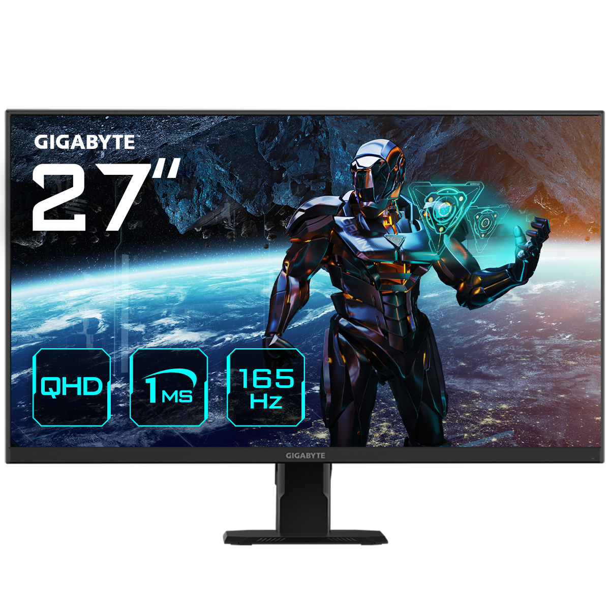 Monitor Gigabyte 27" con scena di gioco futuristica. QHD, 1ms, 165 Hz. Cornice e supporto neri.