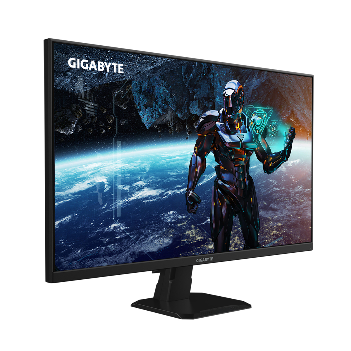 Monitor Gigabyte nero che mostra una scena futuristica con un robot, con supporto nero.