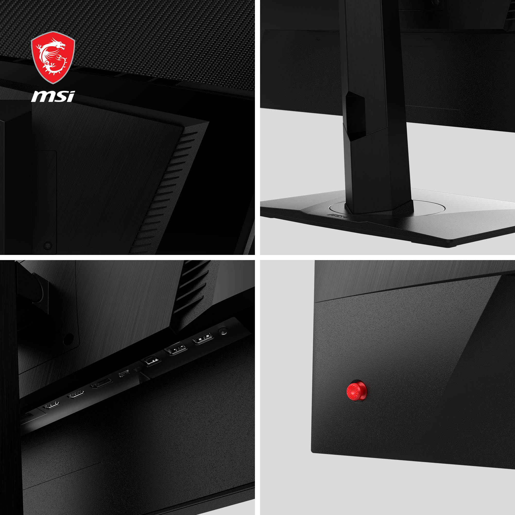 Primi piani dei dettagli del monitor MSI: porte posteriori, supporto, pulsante rosso.