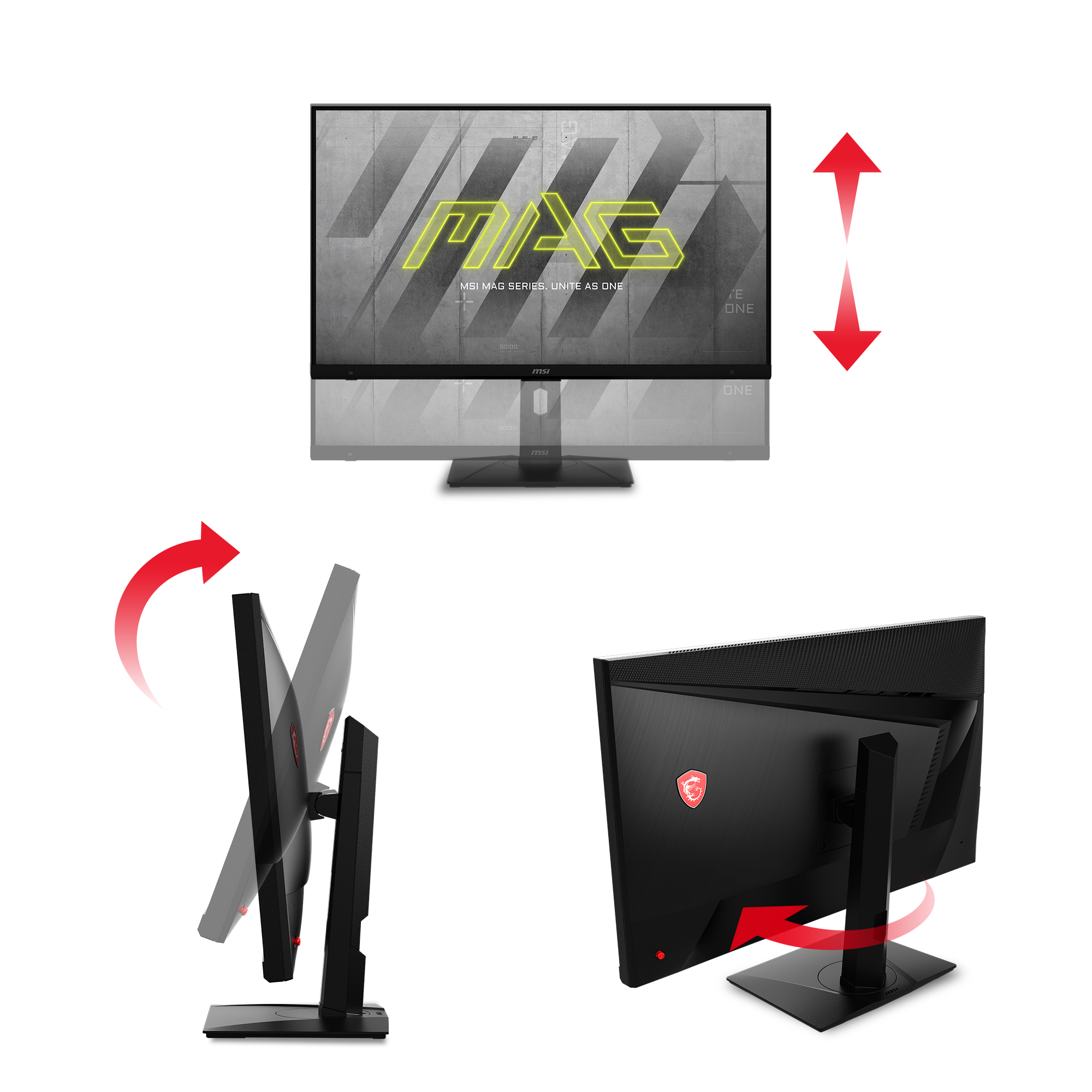 Un monitor con supporto regolabile, che mostra diversi angoli di visualizzazione, con indicatori a freccia rossa.