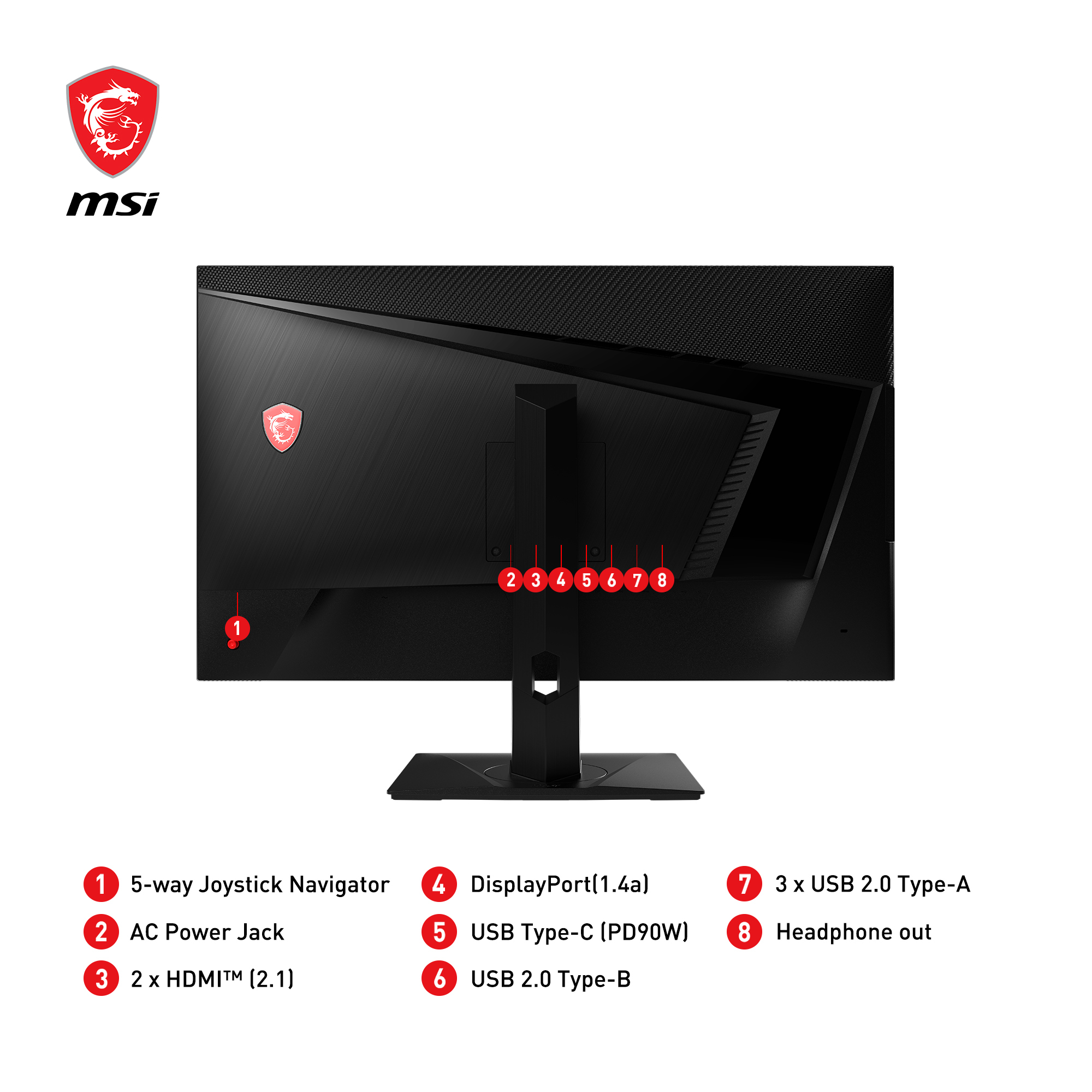 Monitor MSI che mostra le porte, con logo in alto a sinistra, sfondo bianco.