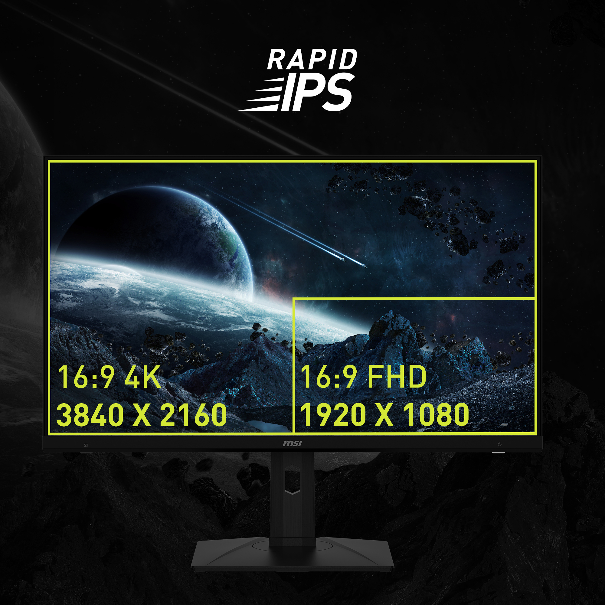 Schermo del monitor che mostra 16:9 4K e 16:9 FHD. Visibile un pianeta e sfondo spaziale.