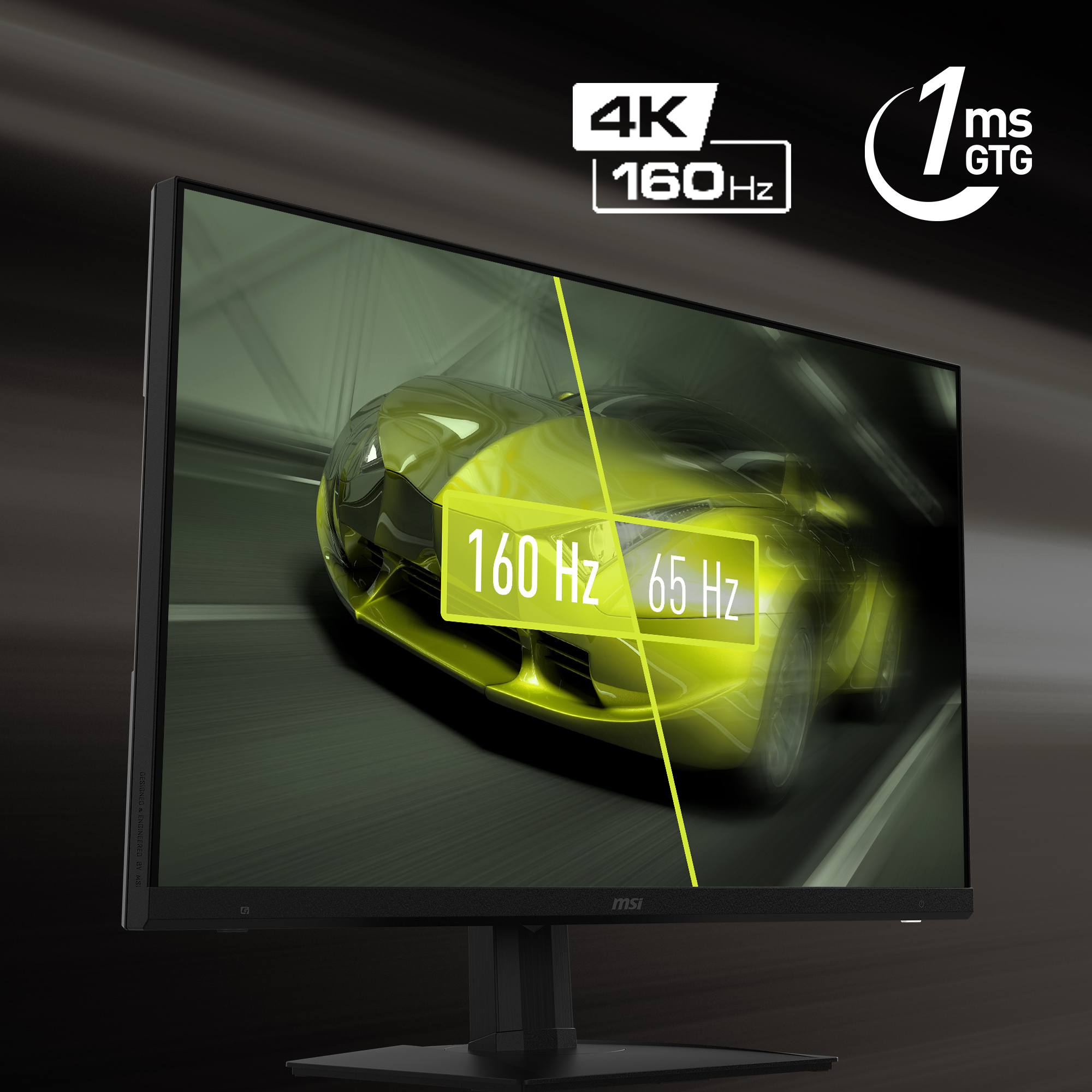 Monitor MSI che mostra auto sullo schermo, testo 4K 160Hz, 1ms GTG. Colori nero e verde.