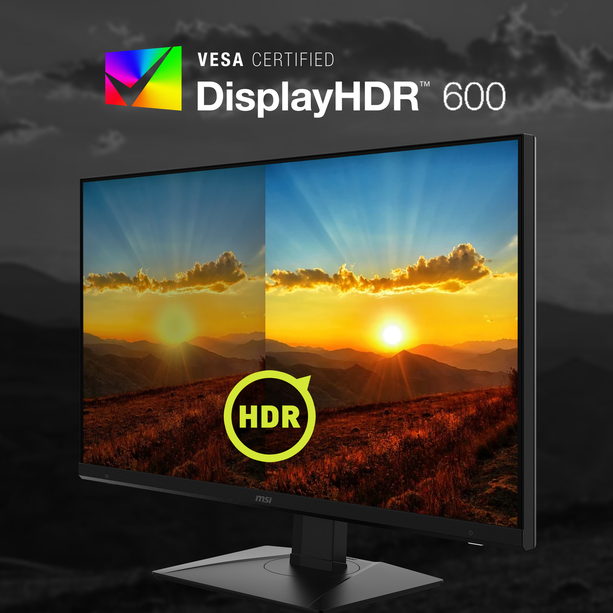 Monitor MSI che mostra un tramonto con logo HDR, certificato VESA.