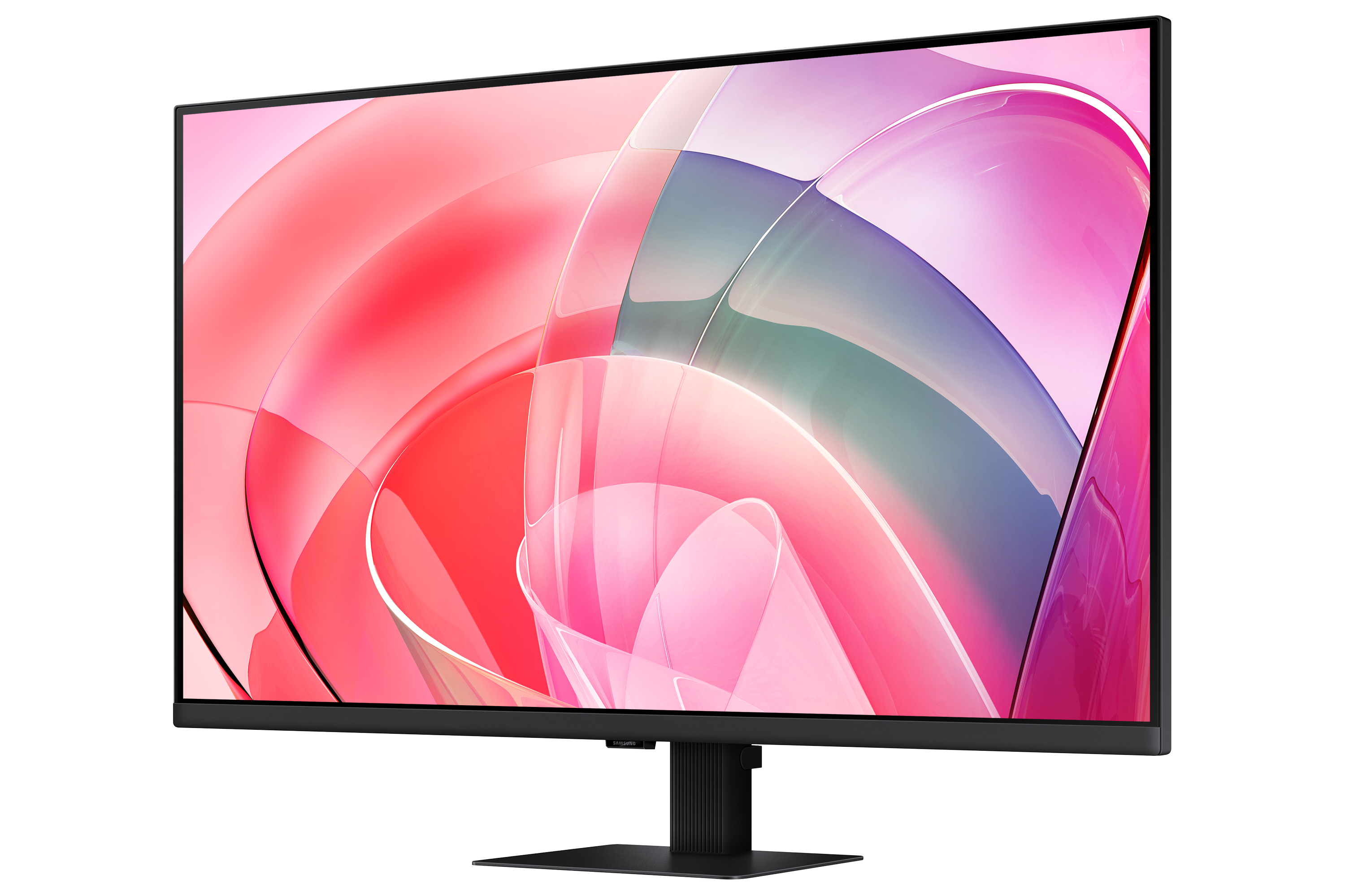 Un ampio monitor nero con supporto nero e uno sfondo astratto rosa e bianco.