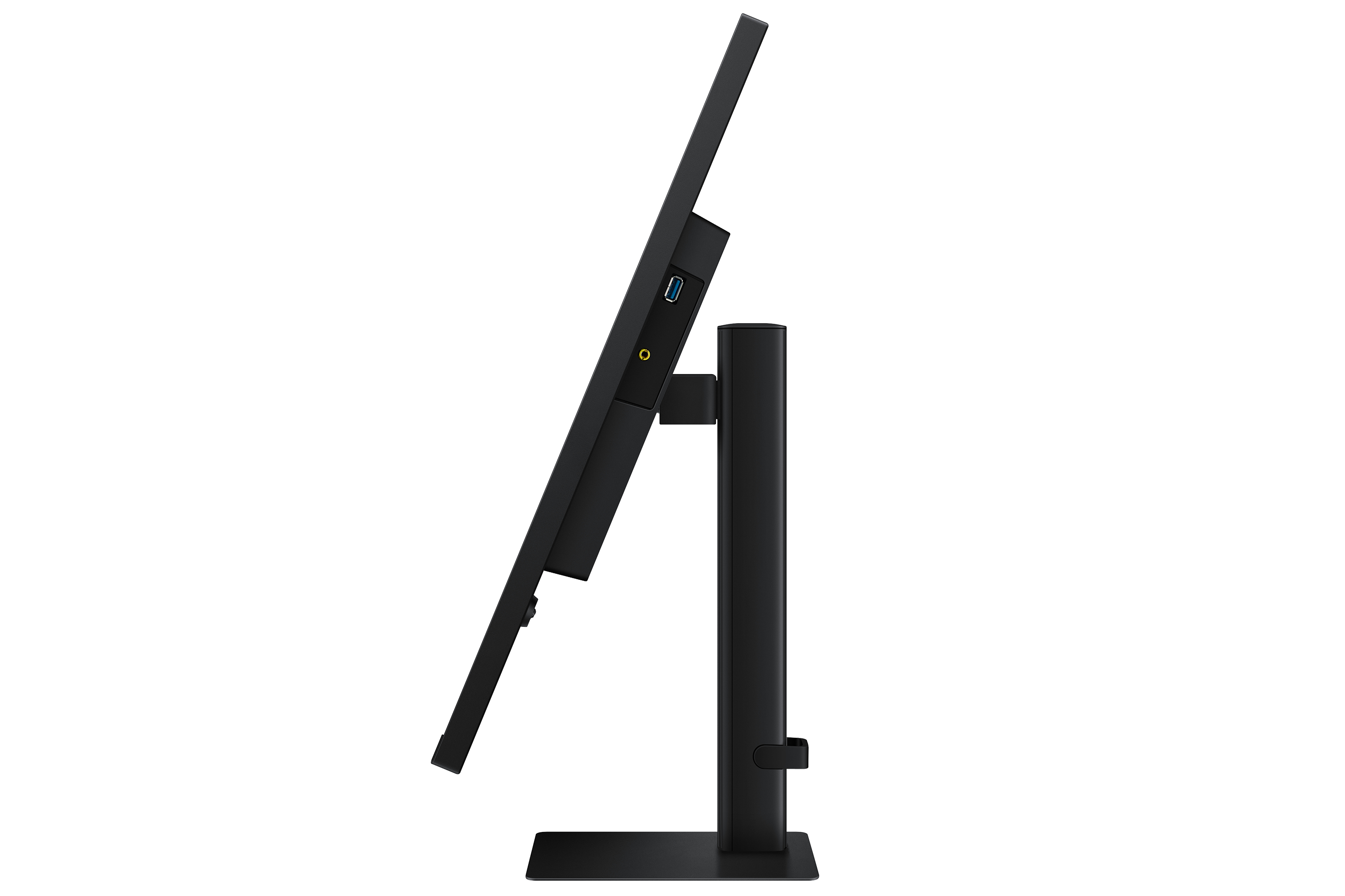 Monitor nero dal lato. Mostra porte come USB e jack audio.