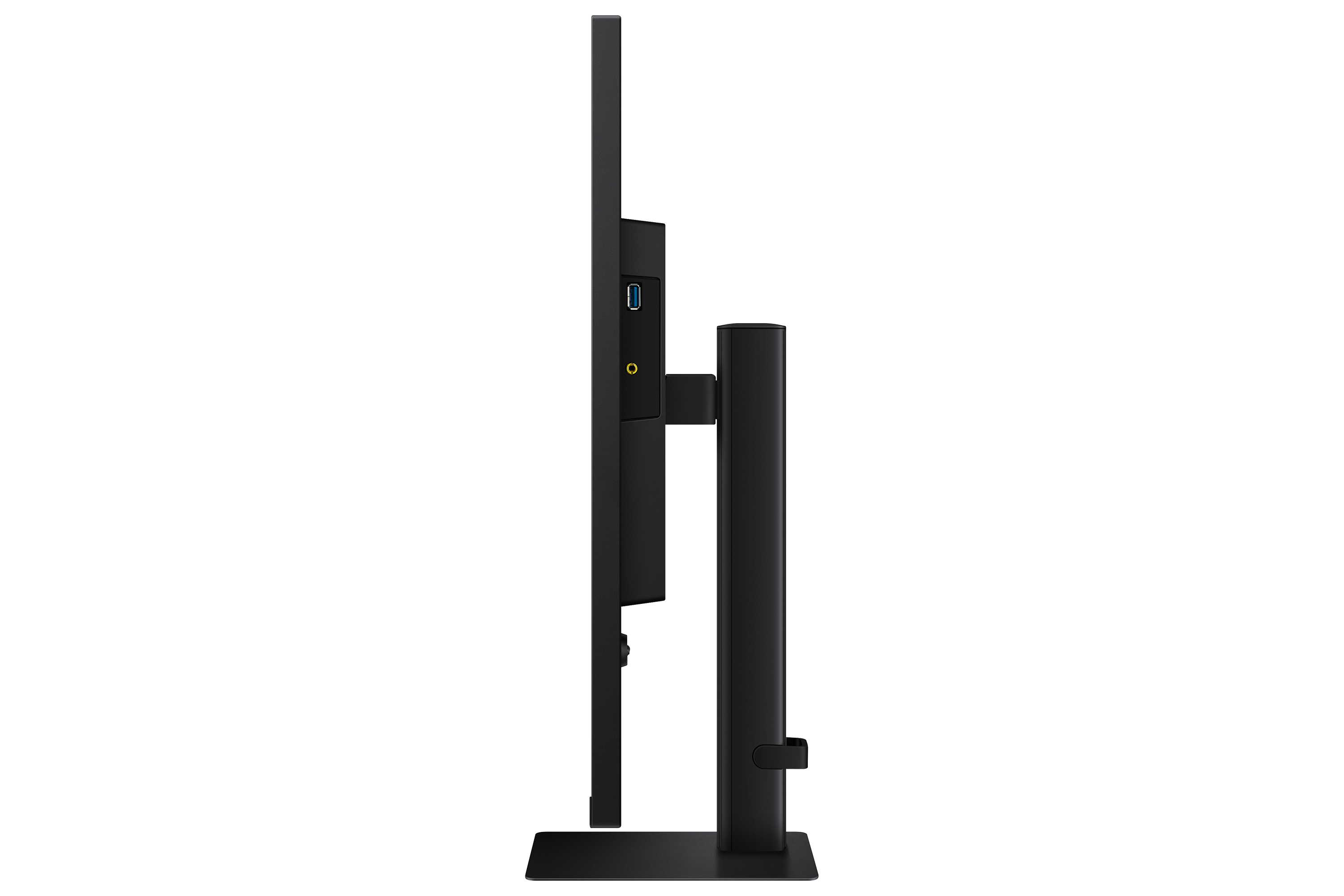 Vista di profilo del monitor nero con porta USB, jack audio e supporto. Sfondo bianco.