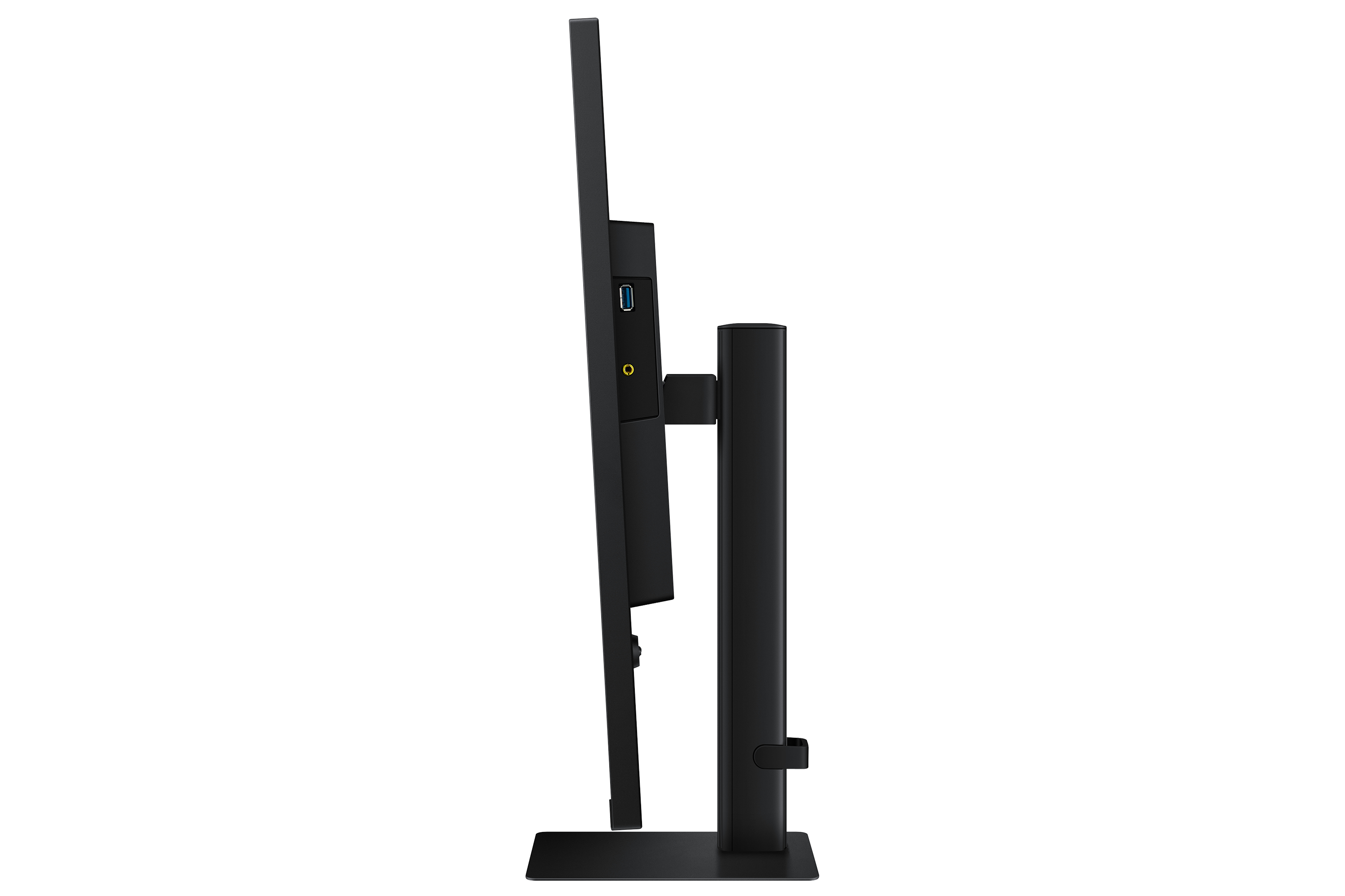 Vista laterale di un monitor per computer nero con supporto nero e una porta USB sul lato.