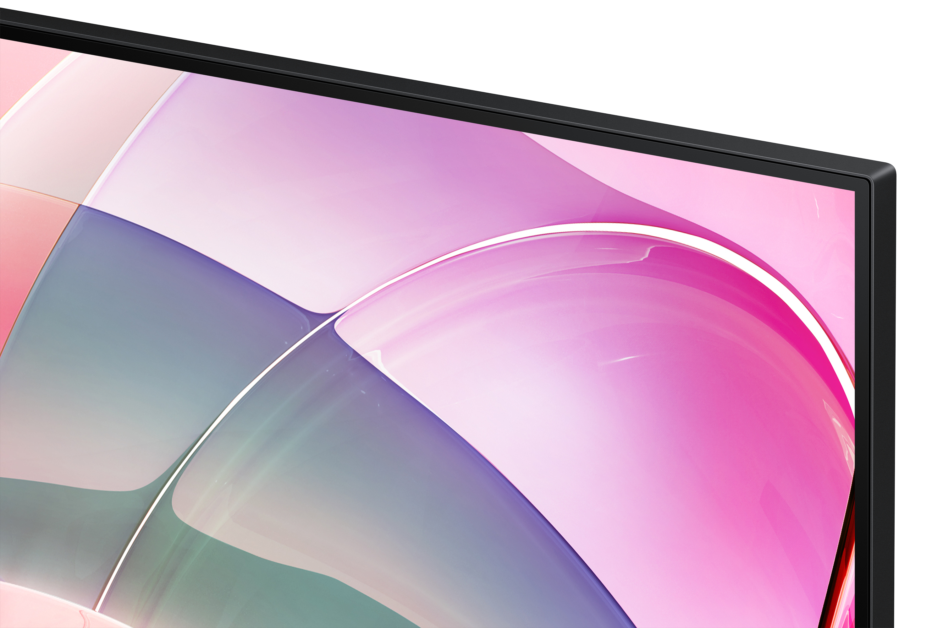 Primo piano di un monitor, che mostra l'angolo e il design rosa e bianco dello schermo.