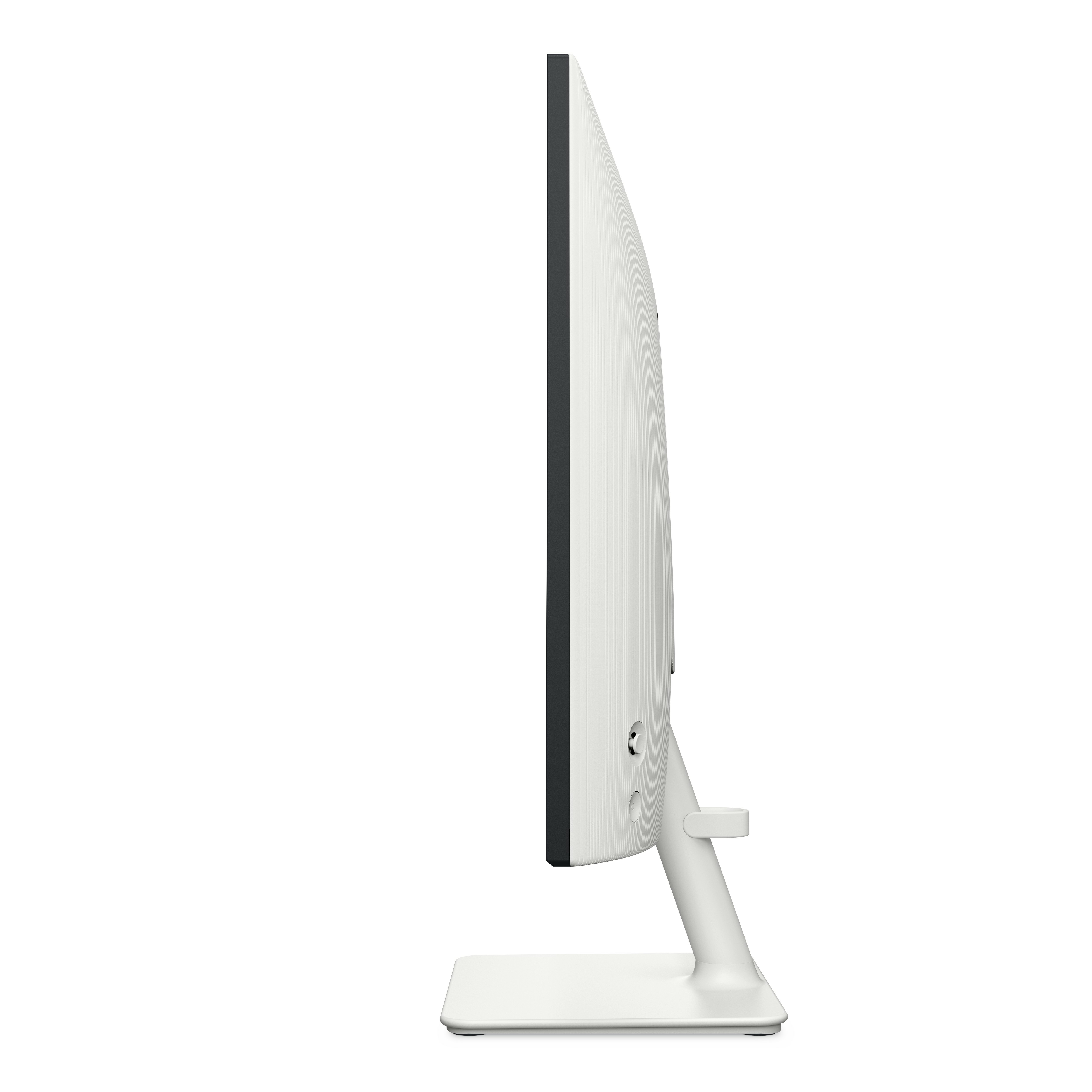 Widok z boku białego monitora. Widoczna podstawa i porty.