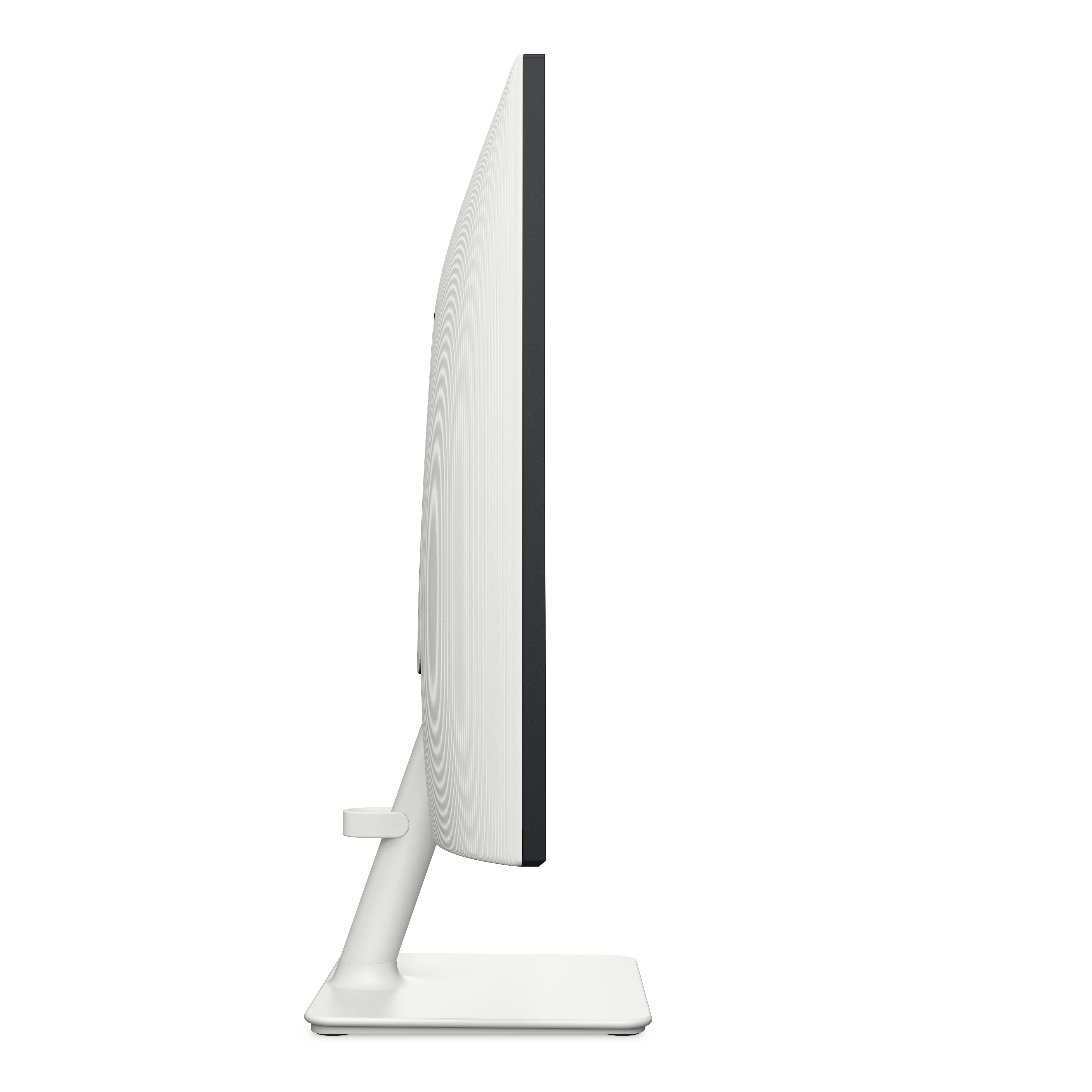 Widok z boku białego monitora z białym stojakiem na białym tle.