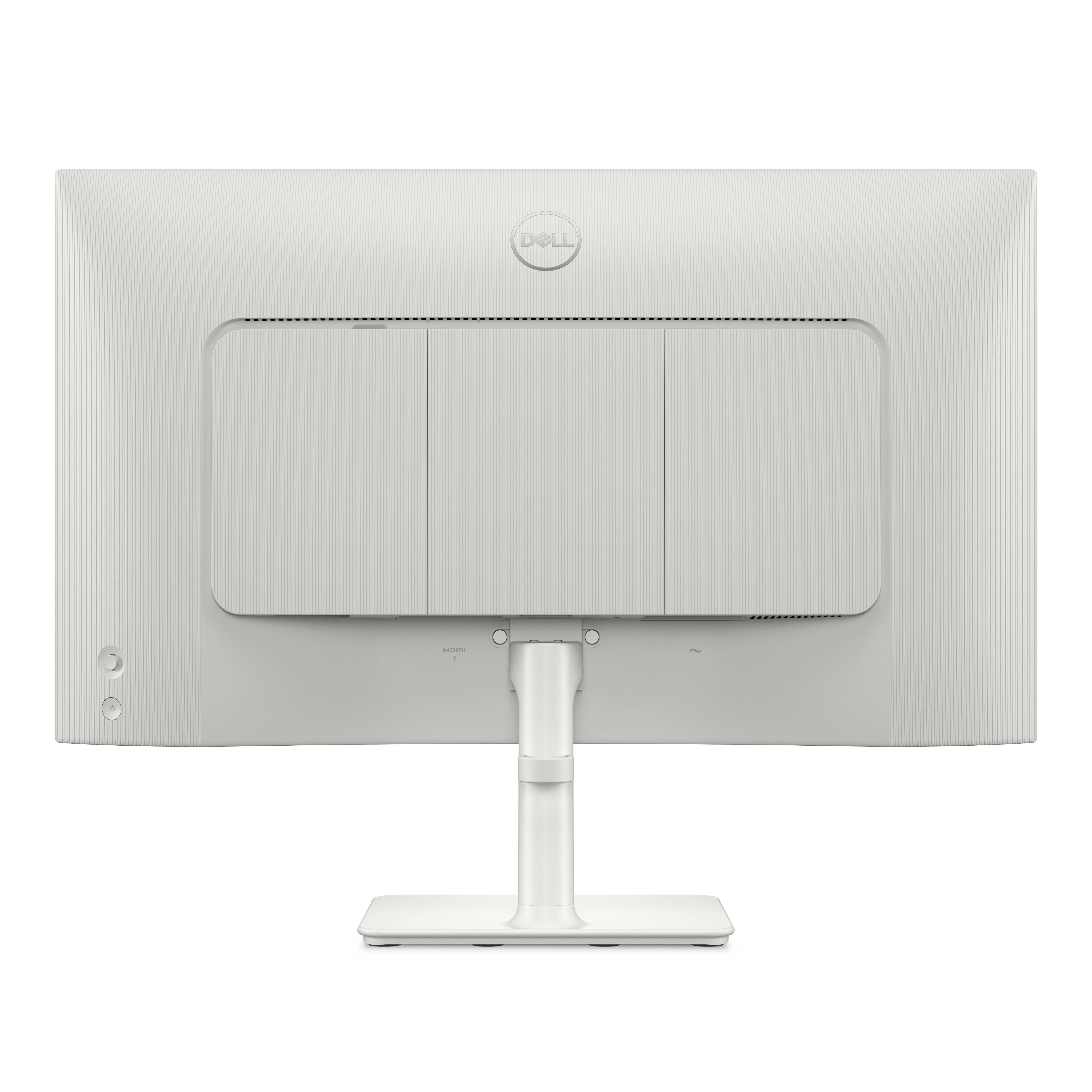 Tył białego monitora z podstawą, na białym tle.