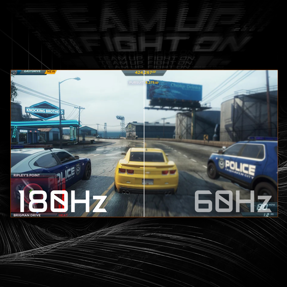 Porównanie ekranu monitora do gier: 180Hz vs 60Hz. Samochody na torze, podzielony ekran.