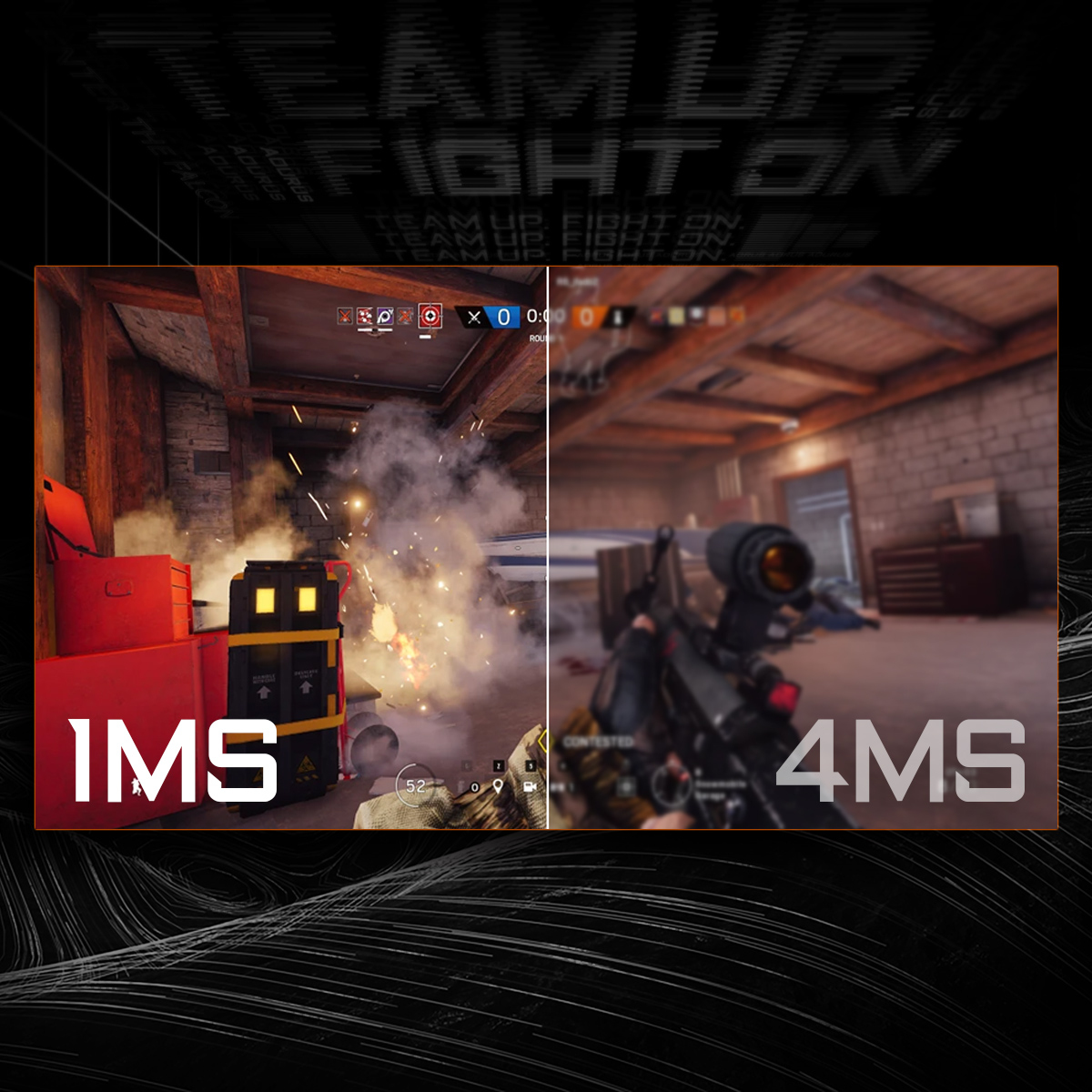 Podzielony ekran pokazujący scenę z gry z czasami reakcji 1MS i 4MS.