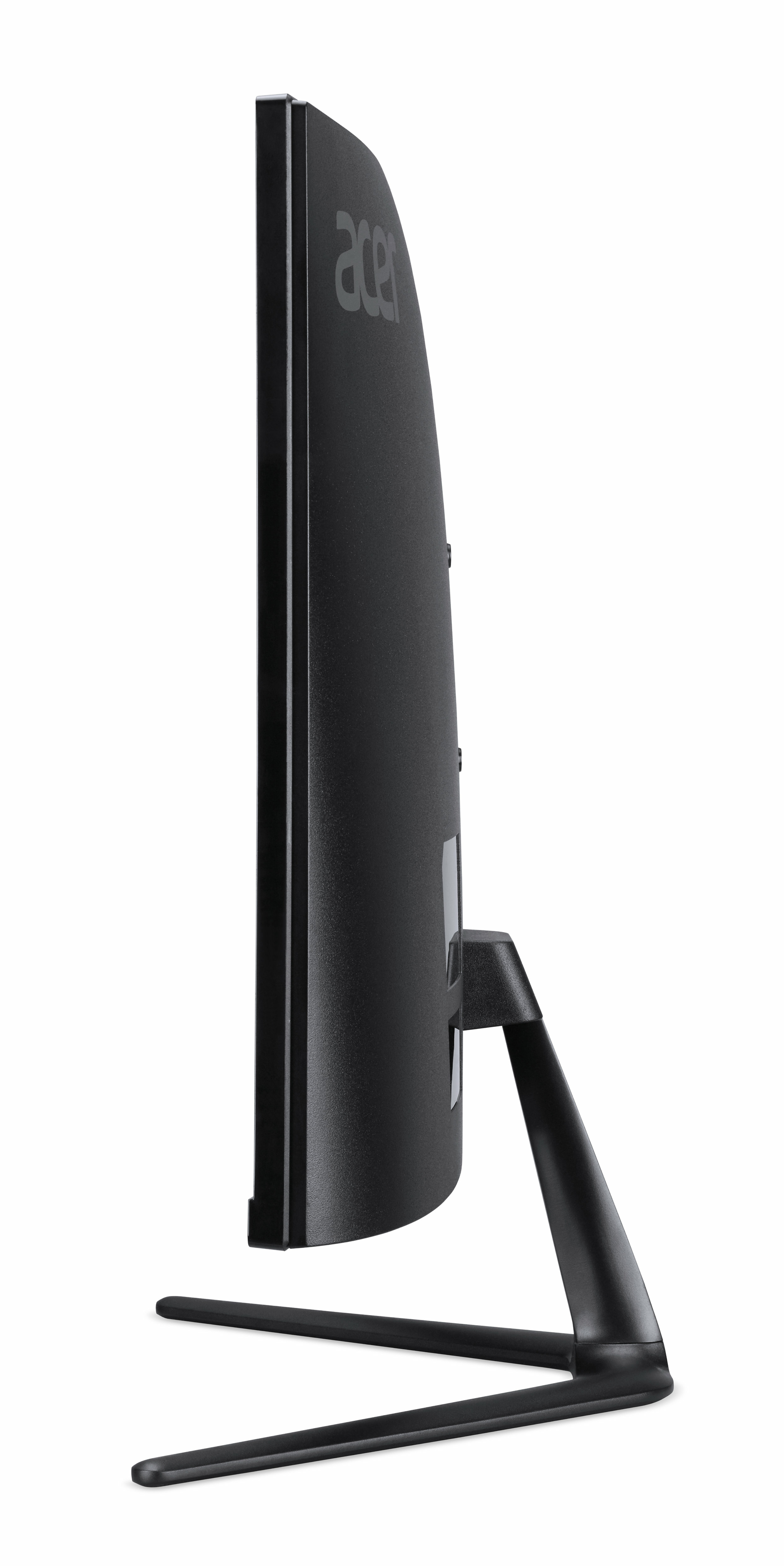 Czarny monitor Acer, widok z boku. Monitor stoi na stojaku. Logo Acer jest widoczne.