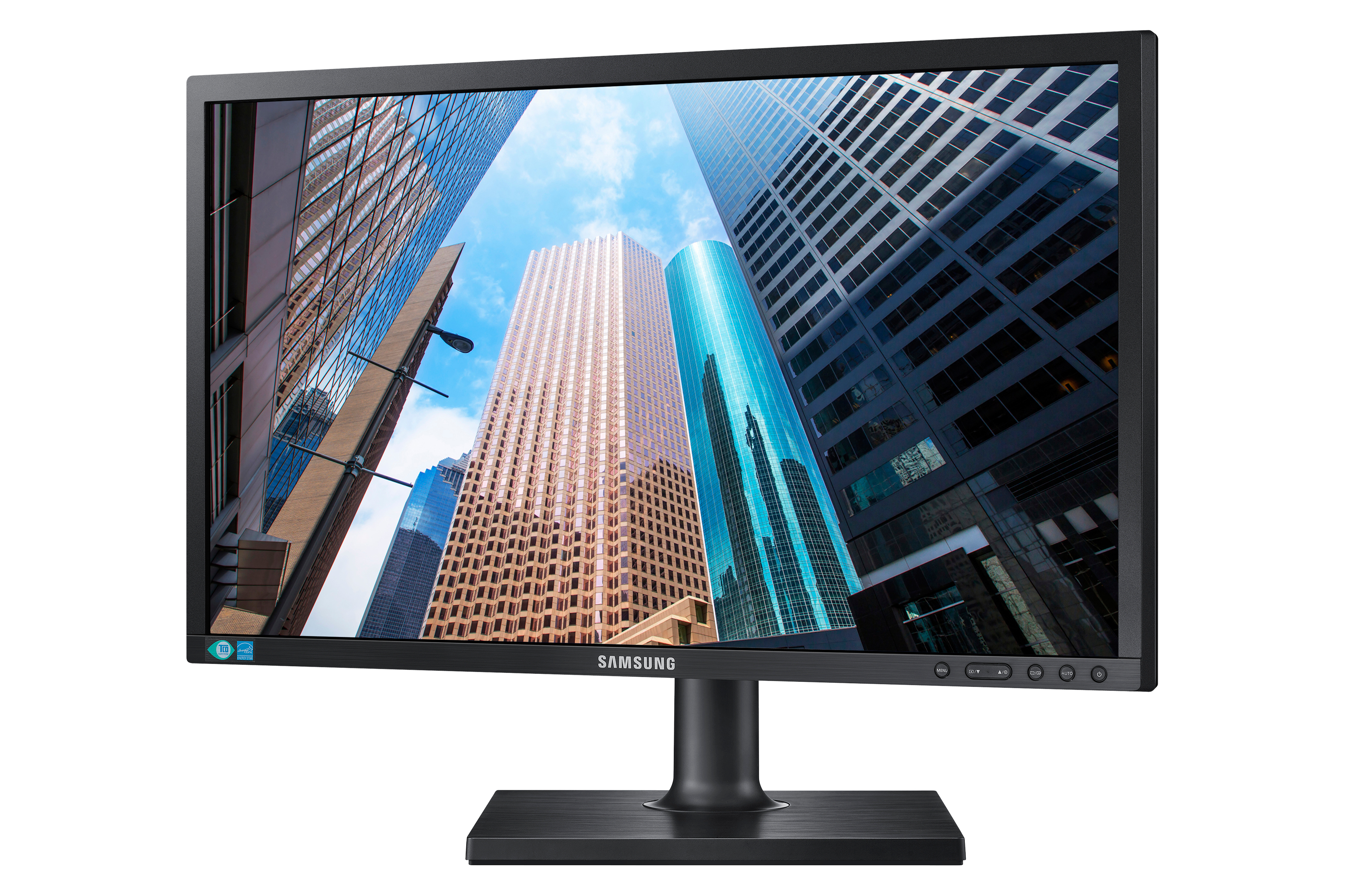 Il monitor nero Samsung mostra una scena cittadina. Ha base e cornice nere. Lo schermo mostra grattacieli.
