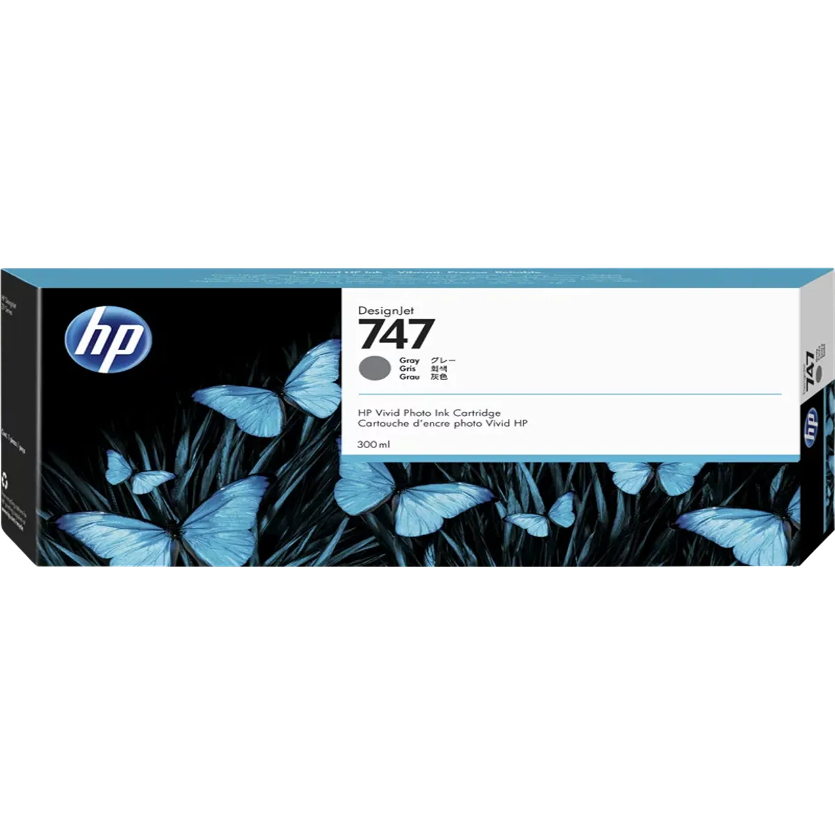 Pudełko z wkładami atramentowymi HP z niebieskimi motylami. Nazwa produktu to Designjet 747.