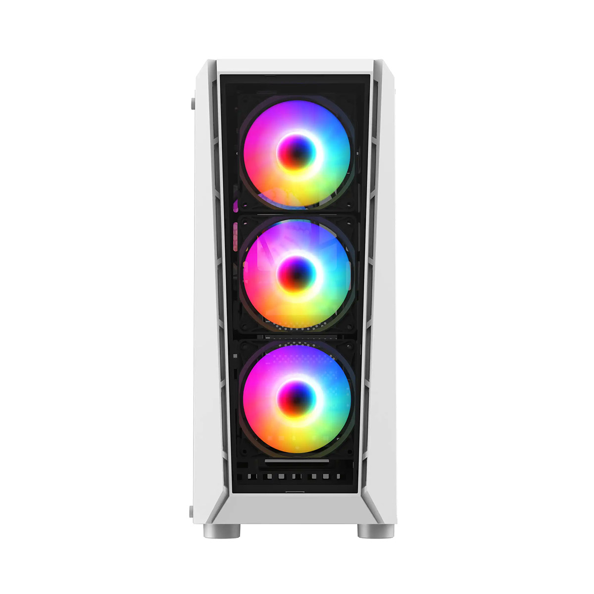 Una caja de ordenador blanca con tres ventiladores iluminados con arcoíris en la parte delantera.