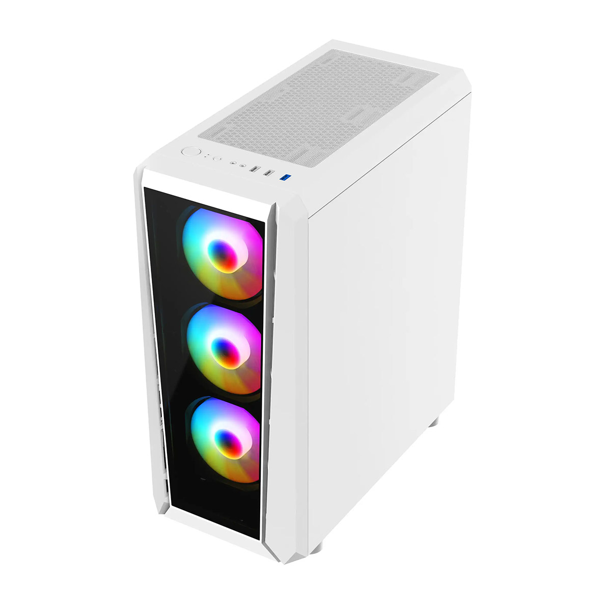 Carcasa de computadora blanca con tres ventiladores coloridos detrás de un panel de vidrio.