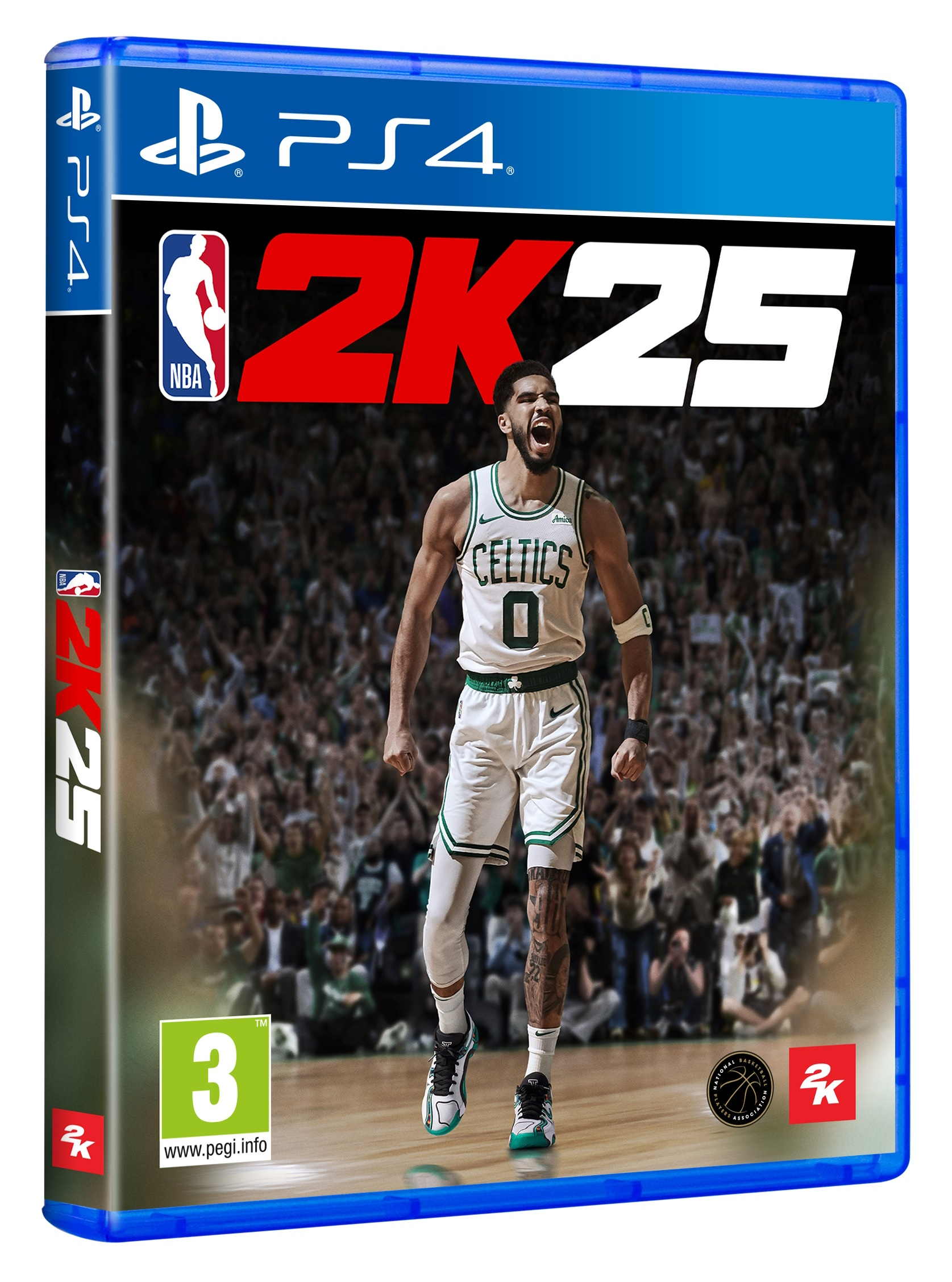 PS4-gamebox. NBA 2K25 toont een basketballer in een stadion met speld details.