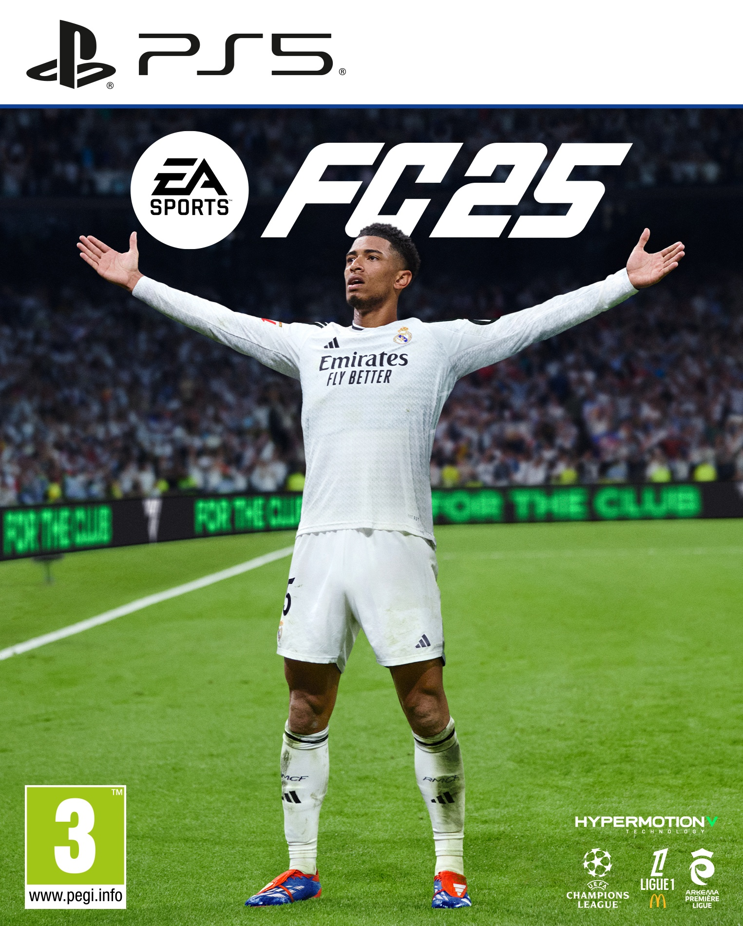 Scatola del gioco PS5. FC25 presenta un giocatore di calcio in uno stadio con le braccia tese.