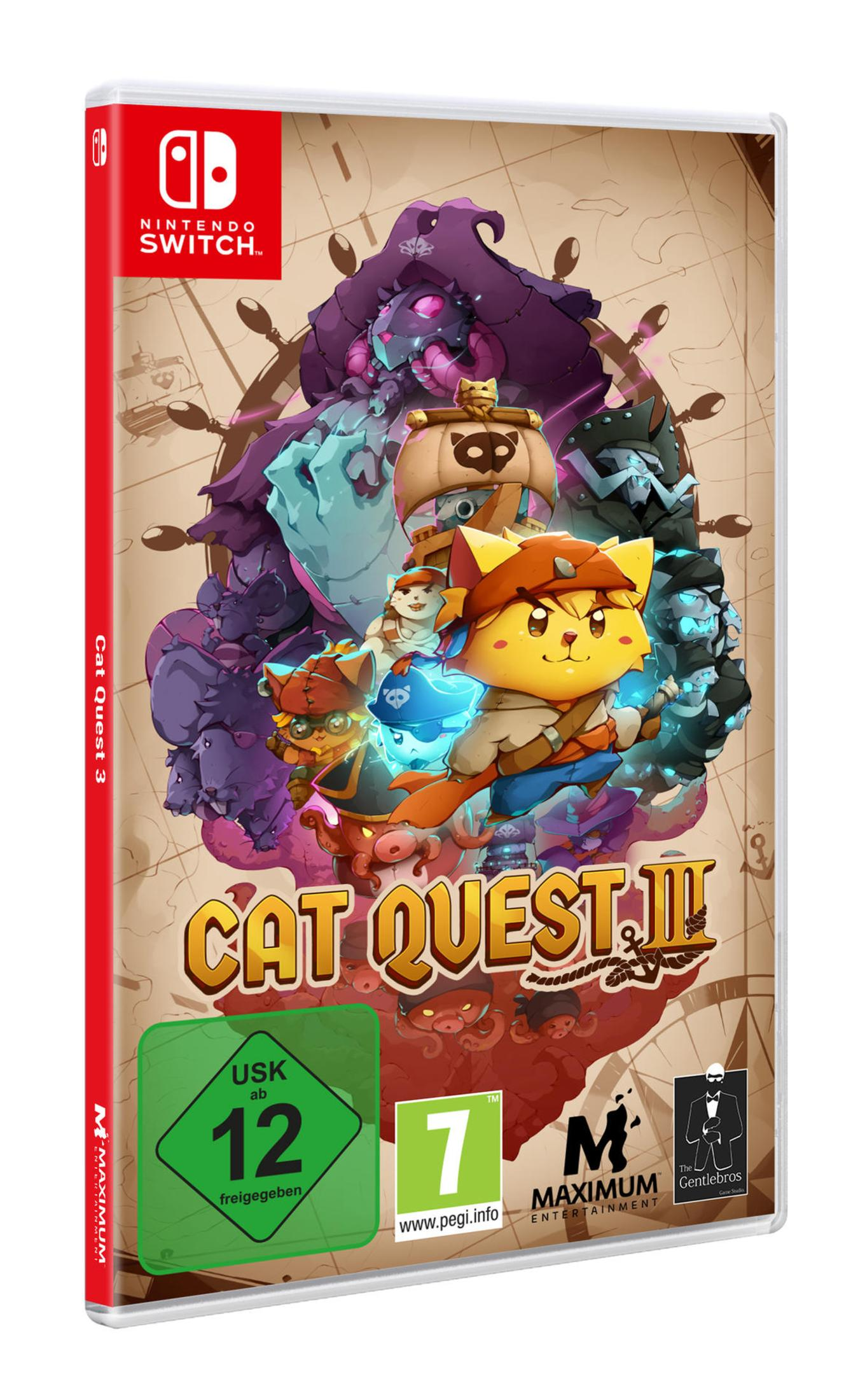Okładka gry Cat Quest II. Koty w pirackich strojach, mapa i pirackie tło.