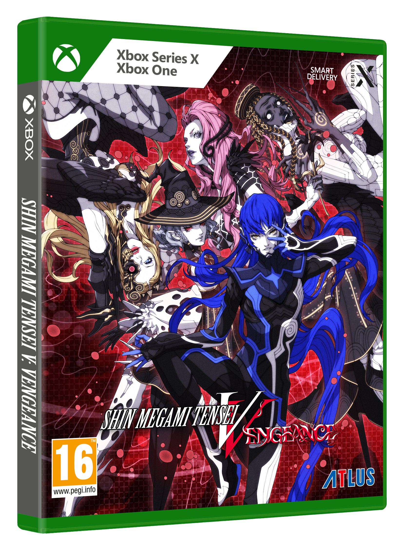 Pudełko gry Xbox Series X: 'Shin Megami Tensei V: Vengeance' z grafiką anime.