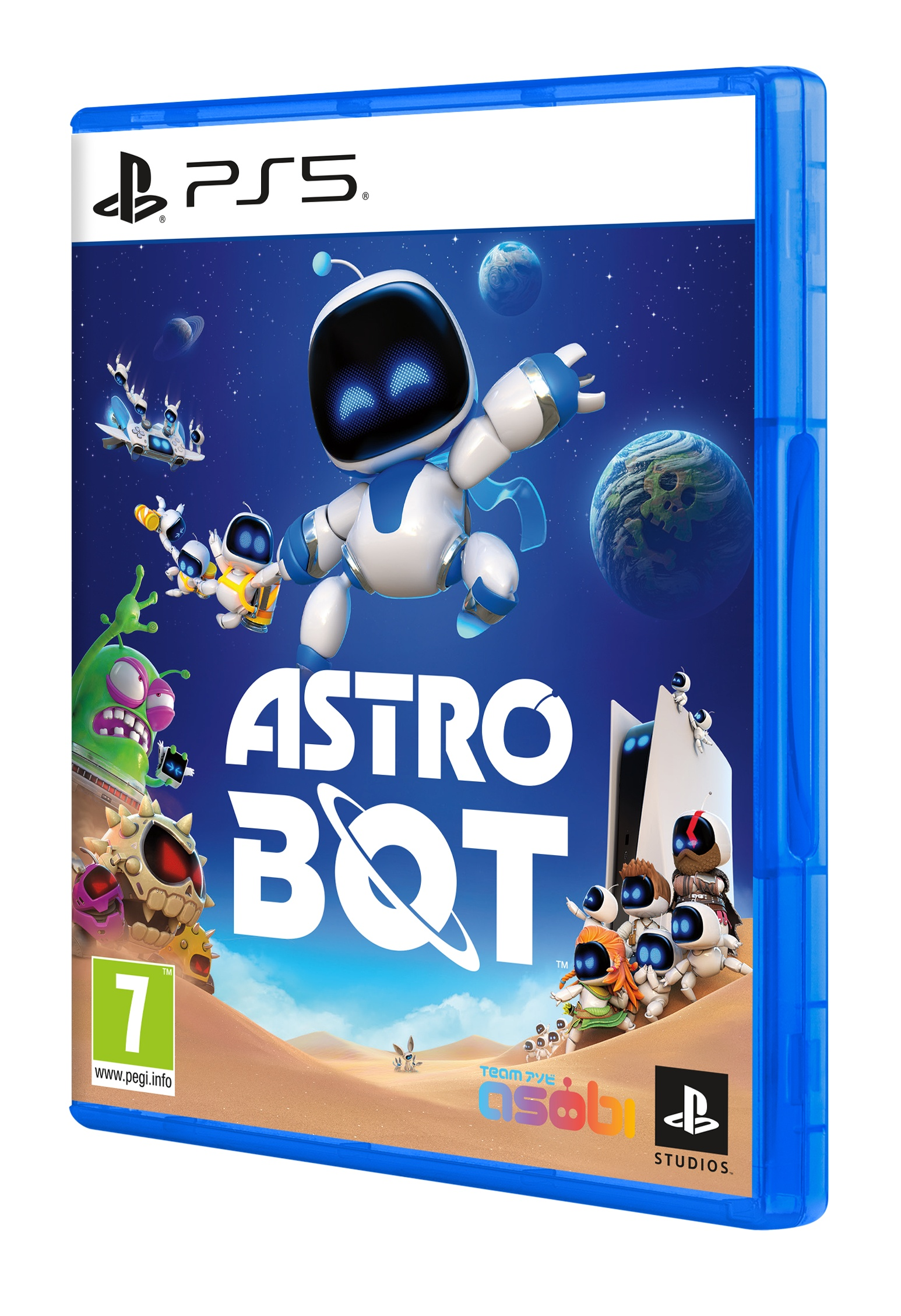 Ein PS5-Spiel-Case für Astro Bot. Das Cover zeigt einen Roboter im Weltraum mit anderen Robotern.