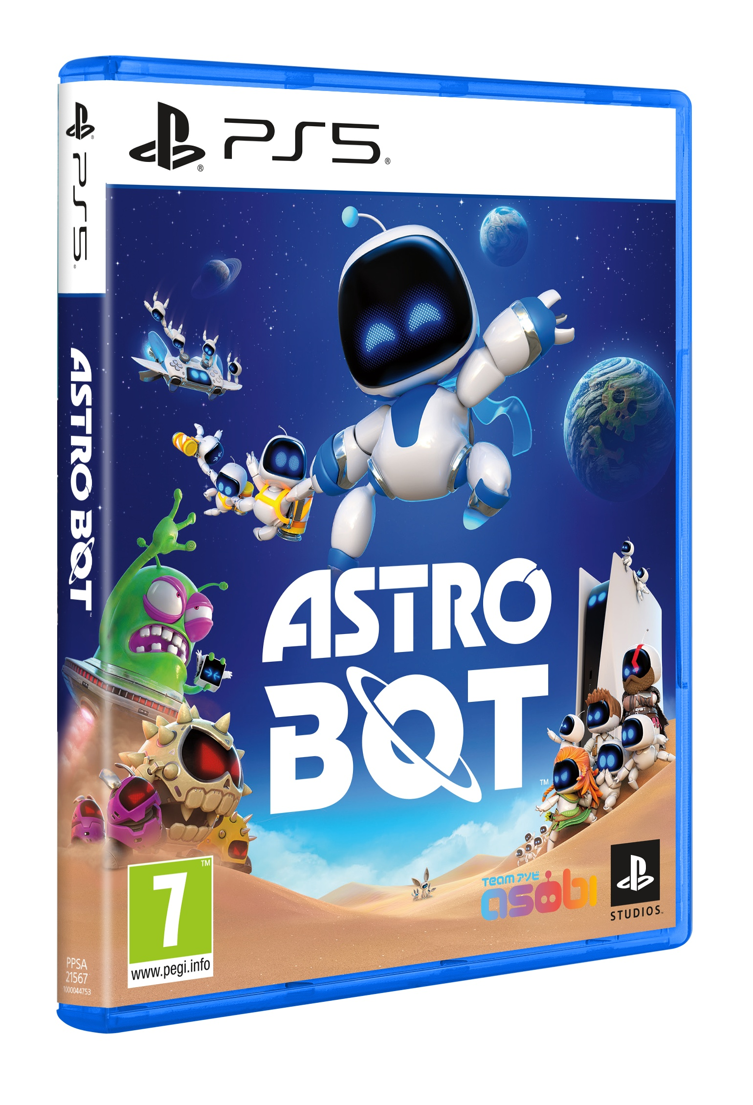 Astro Bot-Spielcover. Astro Bot im Weltraum, mit anderen Robotern, Planeten und futuristischem Thema.