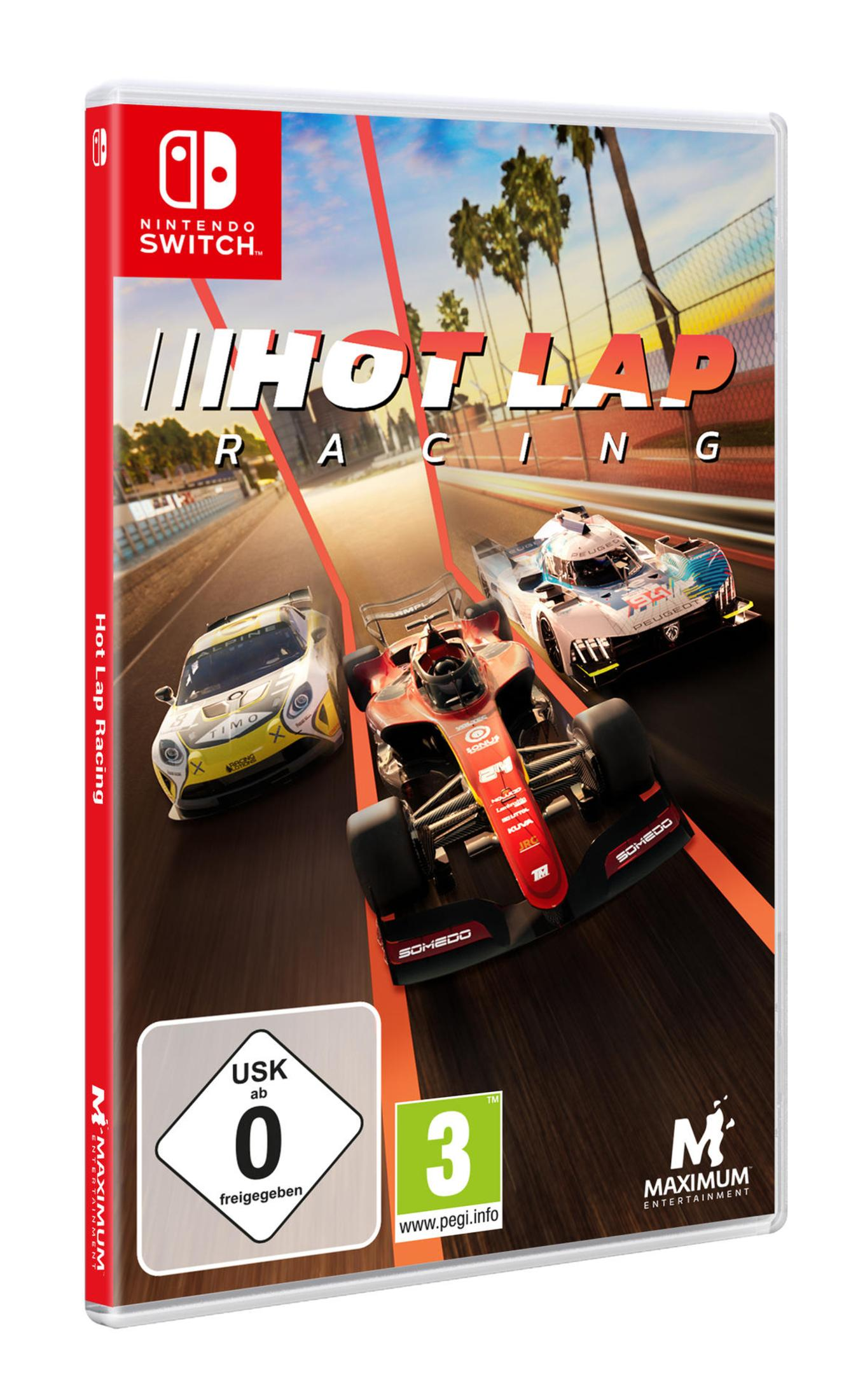 Spielbox von "Hot Lap Racing" für Nintendo Switch, mit Rennwagen auf einer Strecke und Palmen.