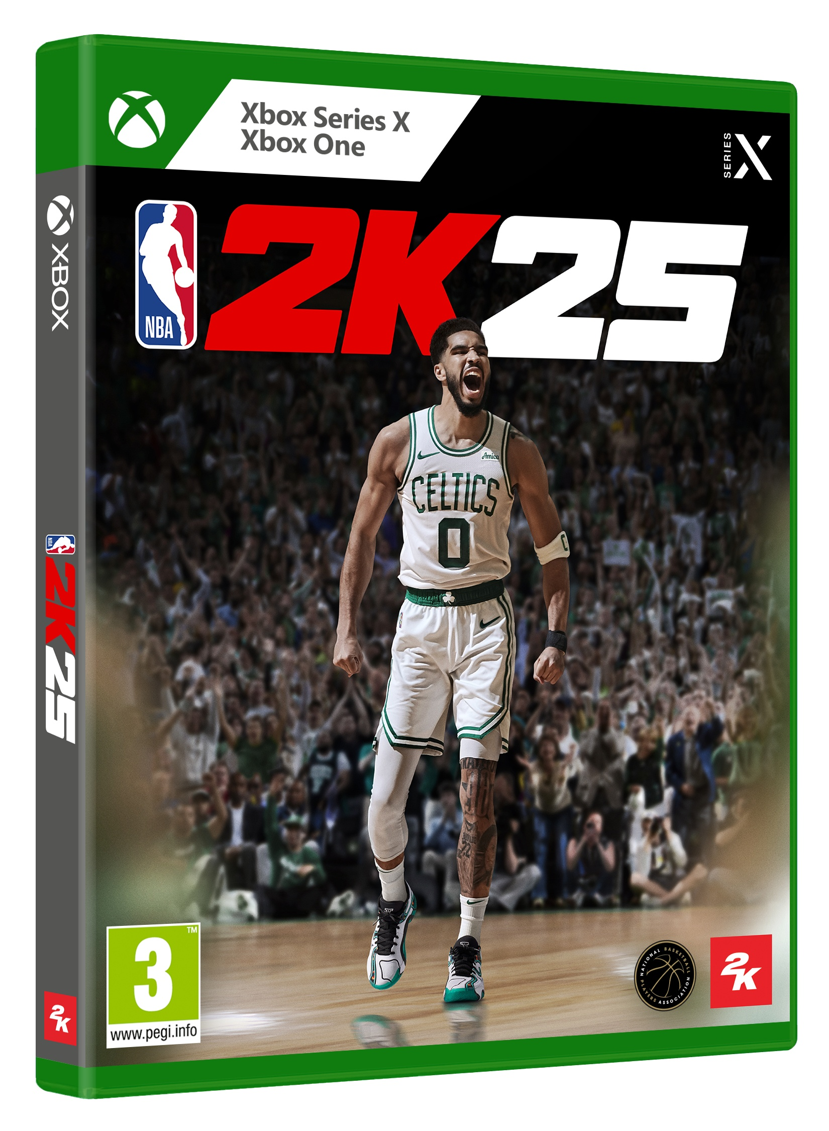 Xbox Series X gamebox, NBA 2K25. Toont een basketballer in een stadion.