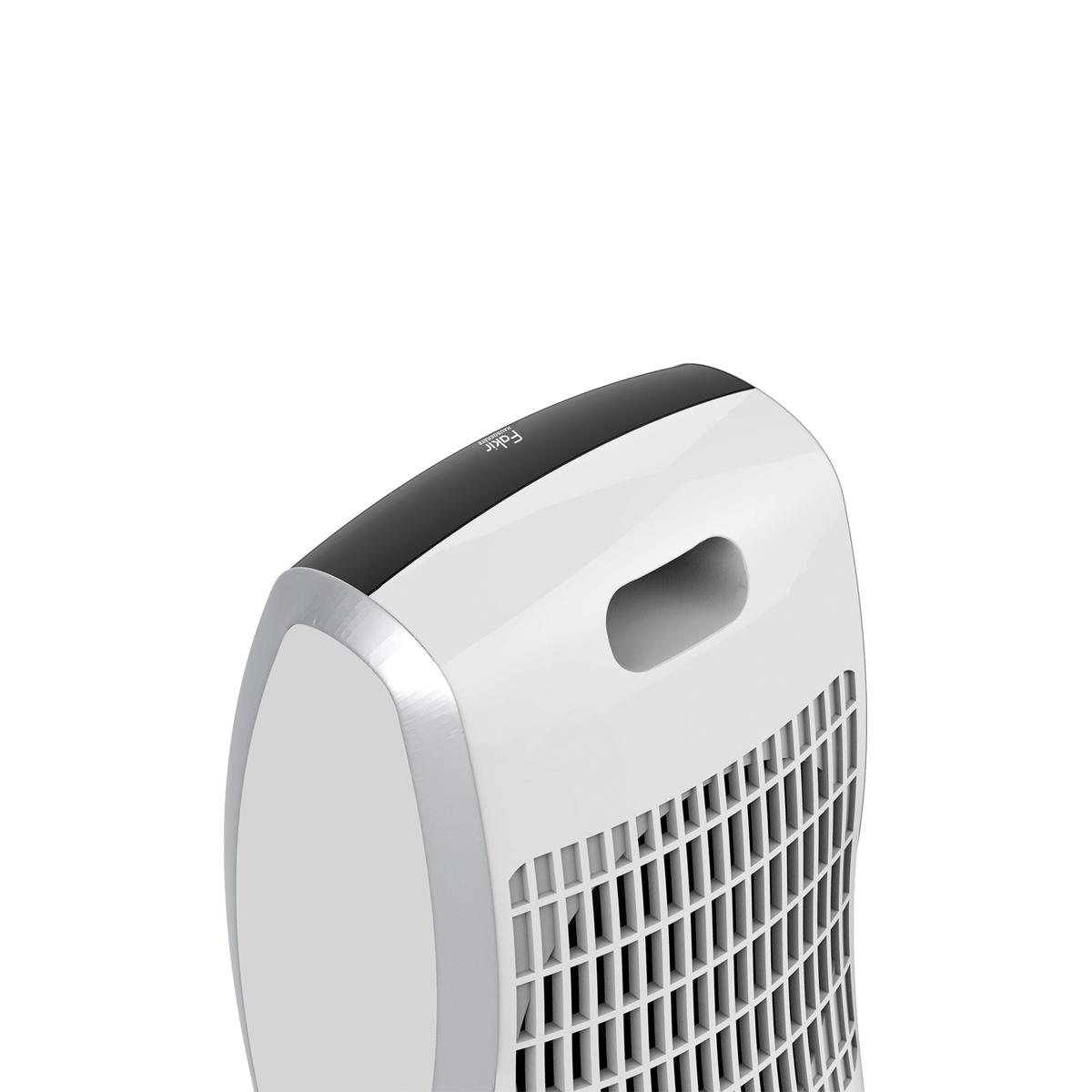 Biało-czarny wentylator wieżowy Fakir, z uchwytem i kratką.