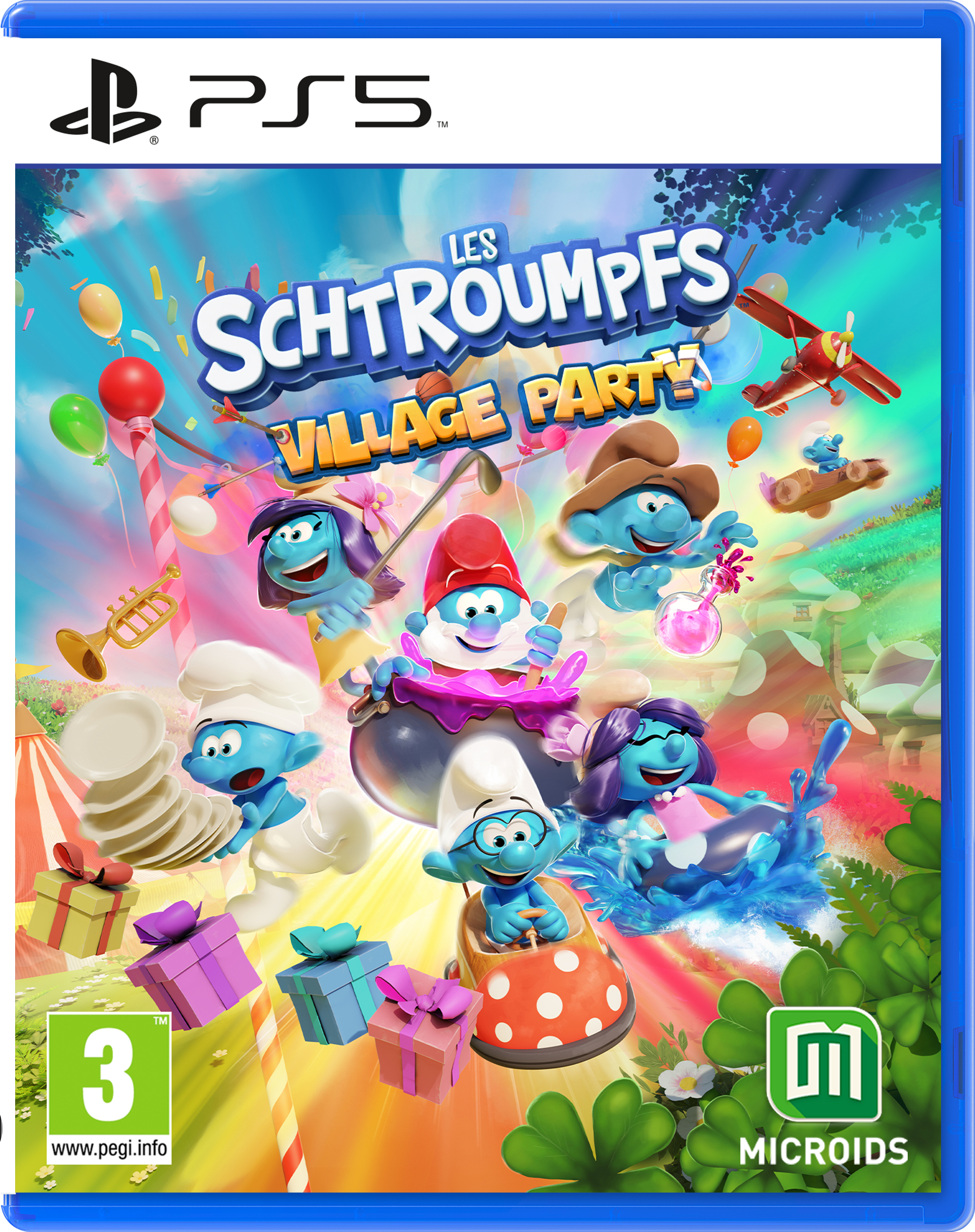 Copertina del gioco Smurfs Village Party. Presenta Puffi, regali, palloncini e uno sfondo blu e bianco.