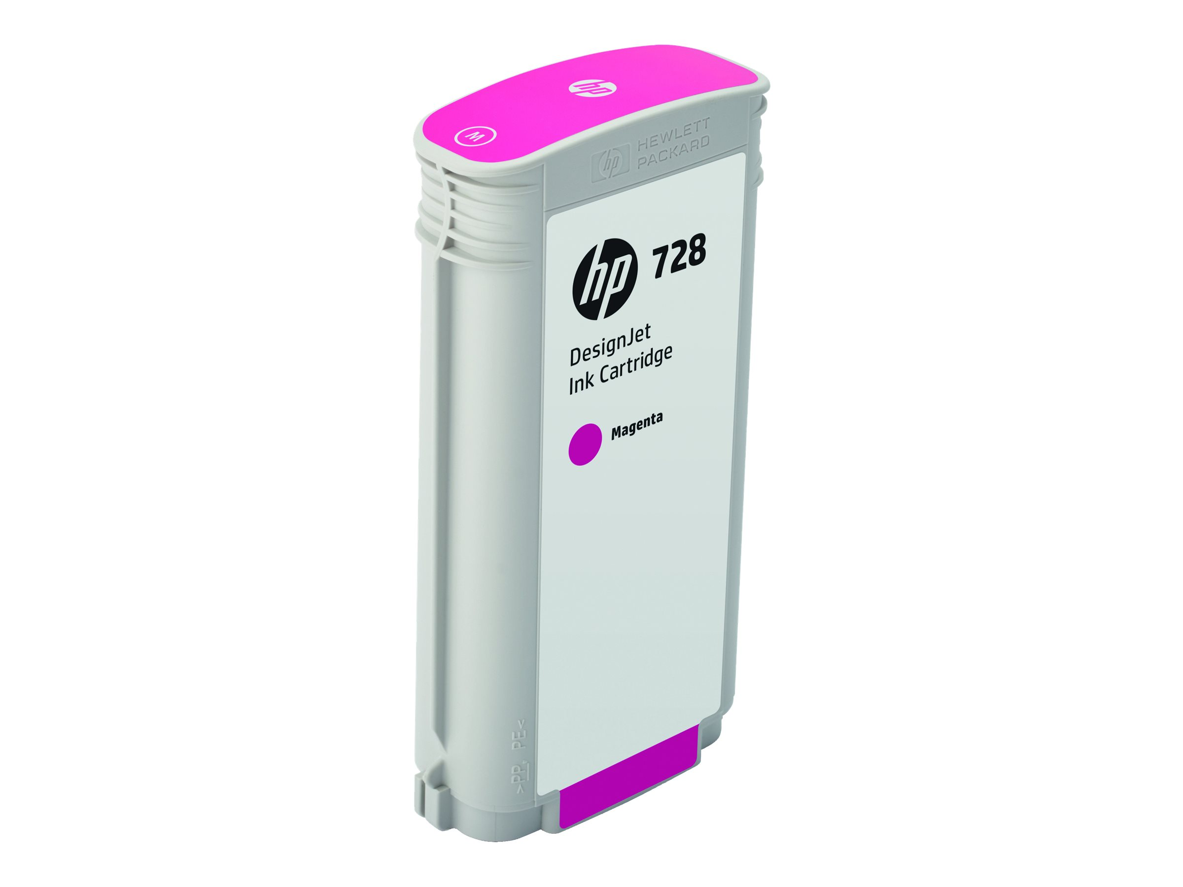 Une cartouche d'encre magenta HP 728 DesignJet, verticale sur fond blanc.