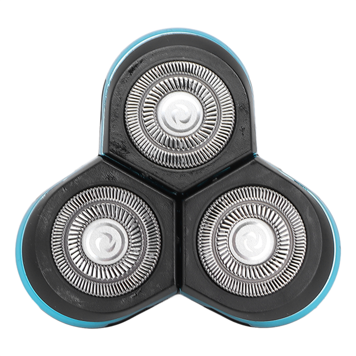 Nahaufnahme von drei Rotationsrasierer-Köpfen. Sie sind schwarz und haben einen blauen Rand.