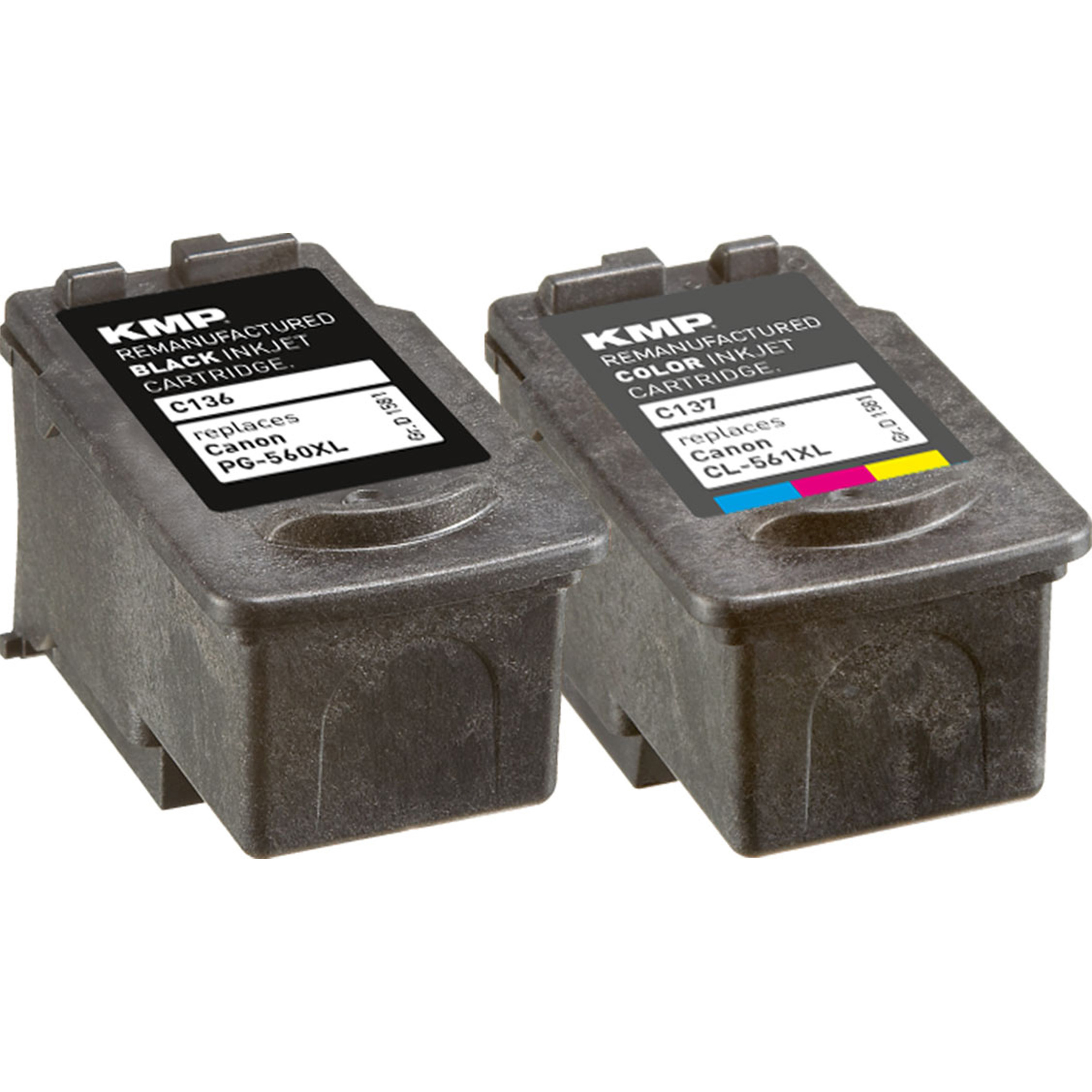Due cartucce a getto d'inchiostro KMP nere: nera C136 e a colori C137, con etichette.