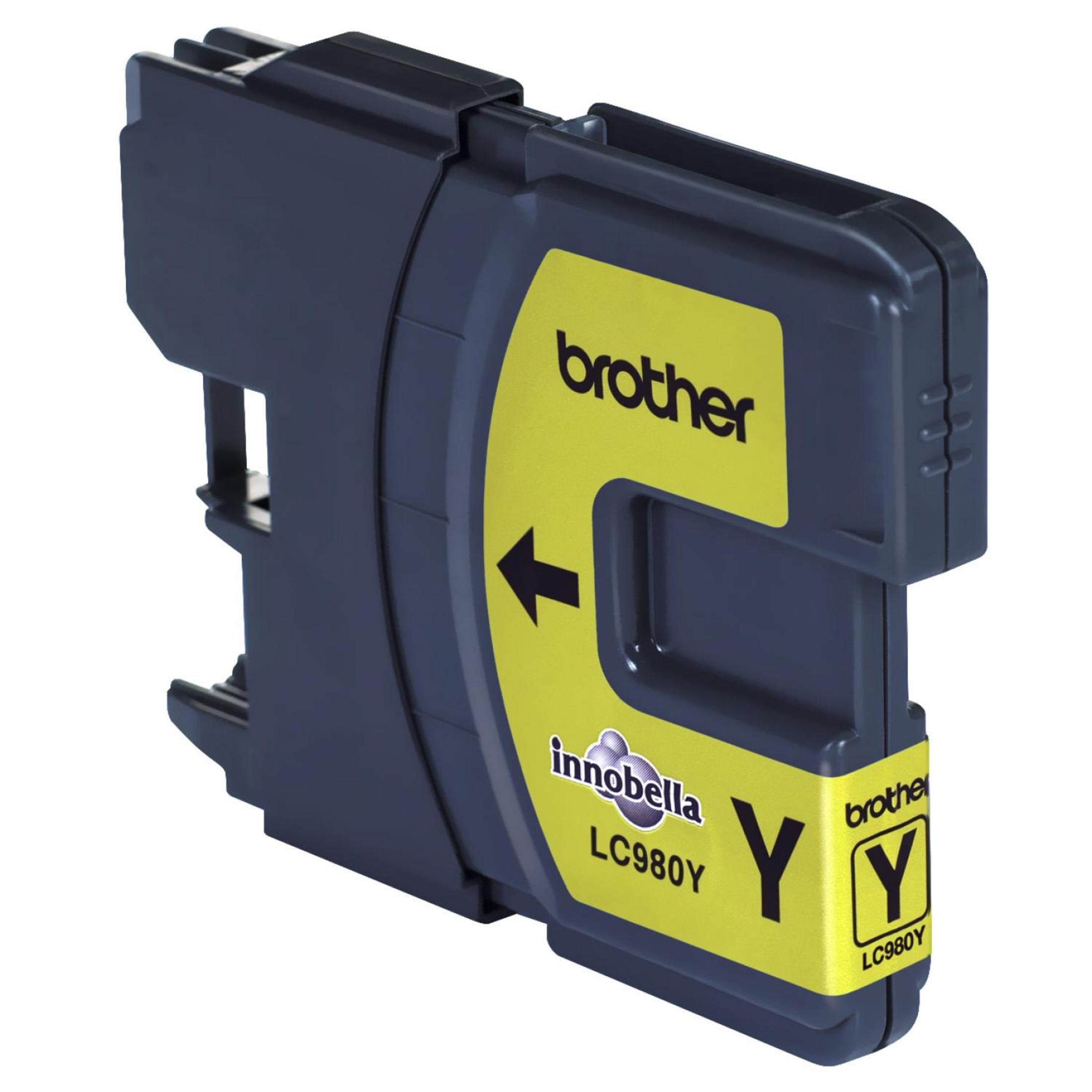 A yellow Brother ink cartridge with an arrow, the brand name, and a product code.