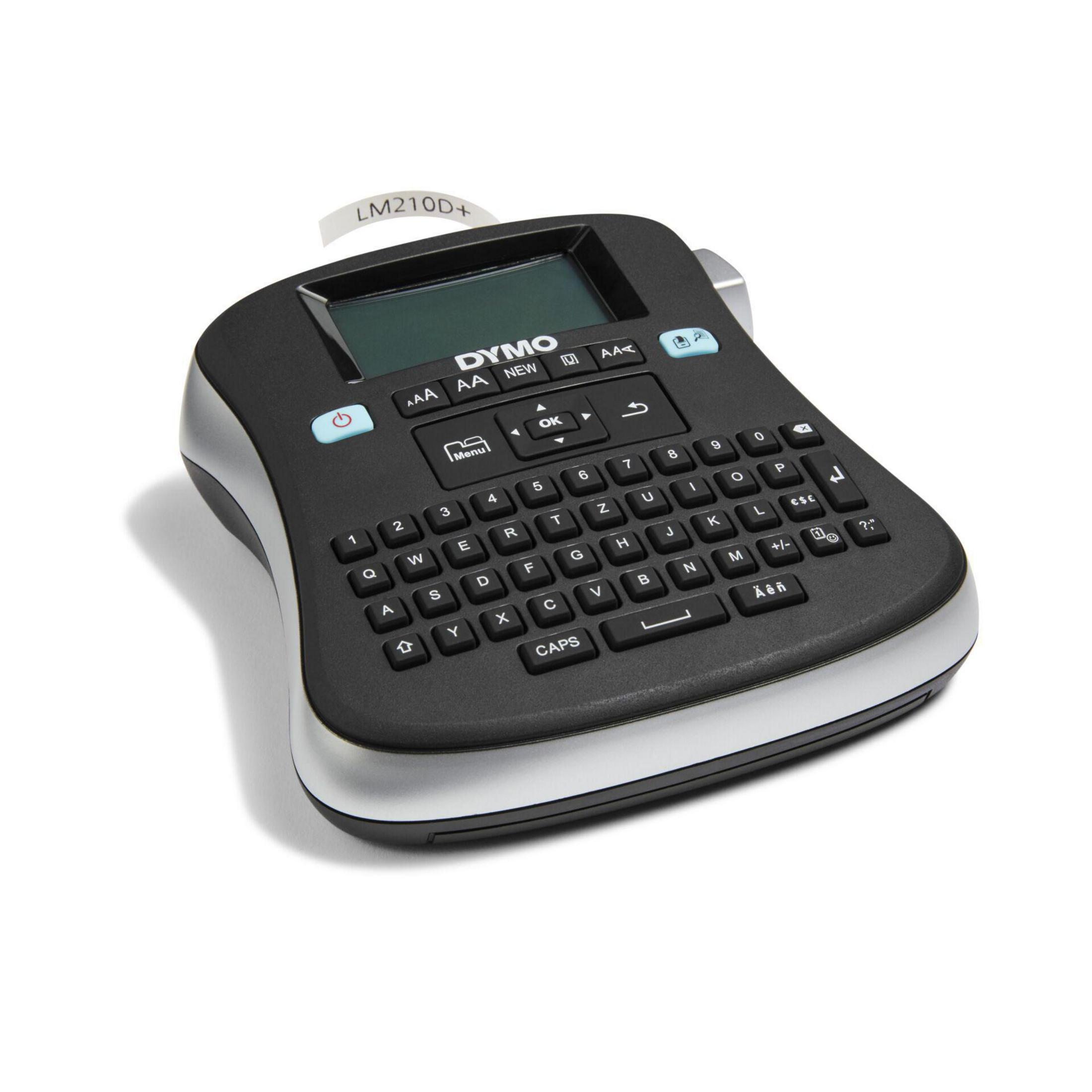 Ein schwarzer DYMO-Etikettendrucker mit Bildschirm und Tastatur zum Erstellen von Etiketten. Das Gehäuse hat silberne Akzente.