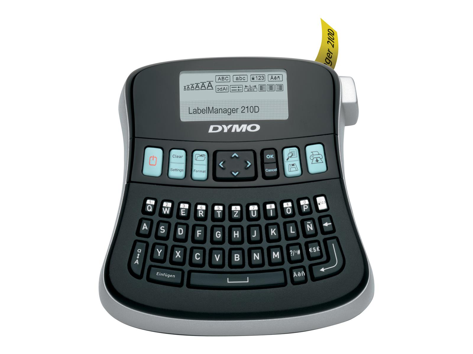 Schwarz-silberner Etikettendrucker mit Display, Tastatur und Dymo-Logo, auf weißem Hintergrund.