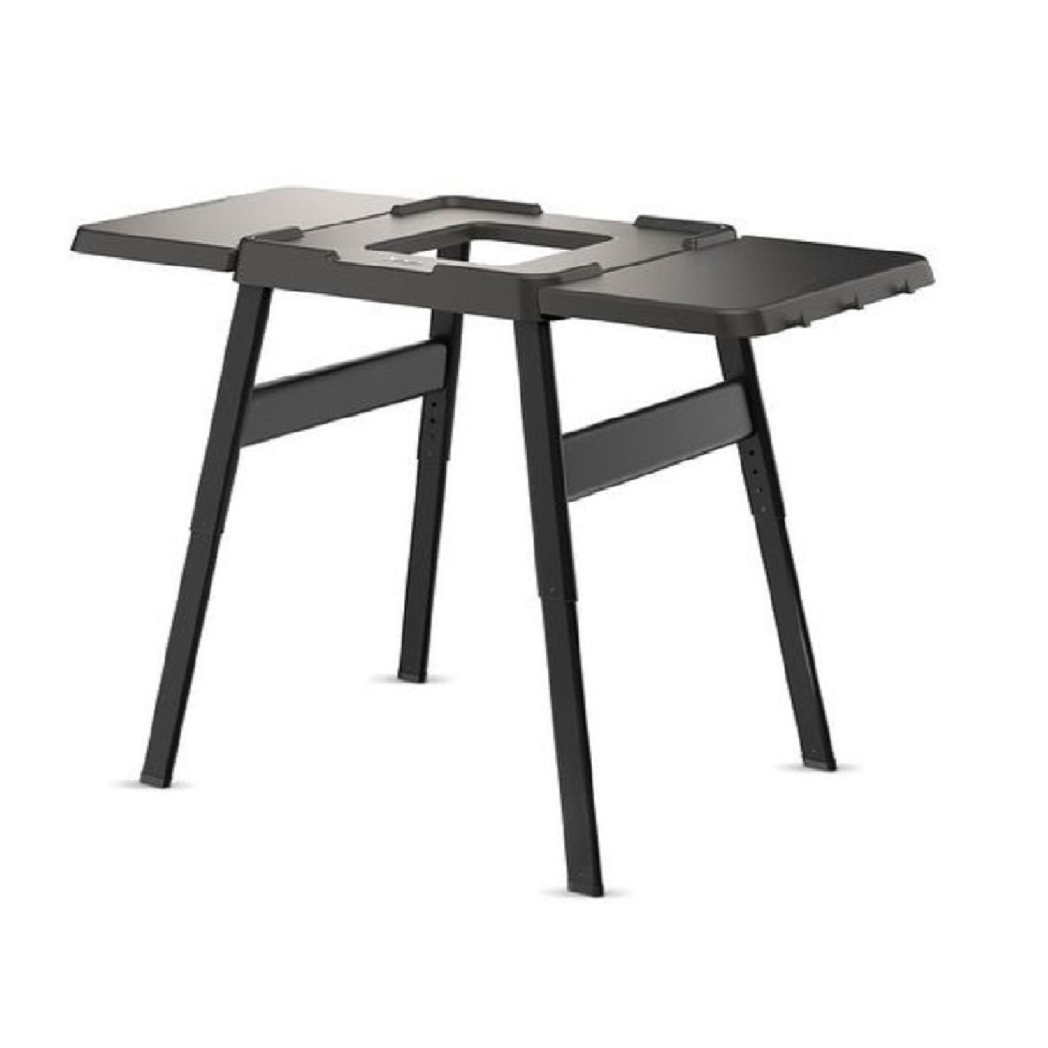 Czarny stół składany. Ma dwa panele boczne i centralny obszar z otworem.