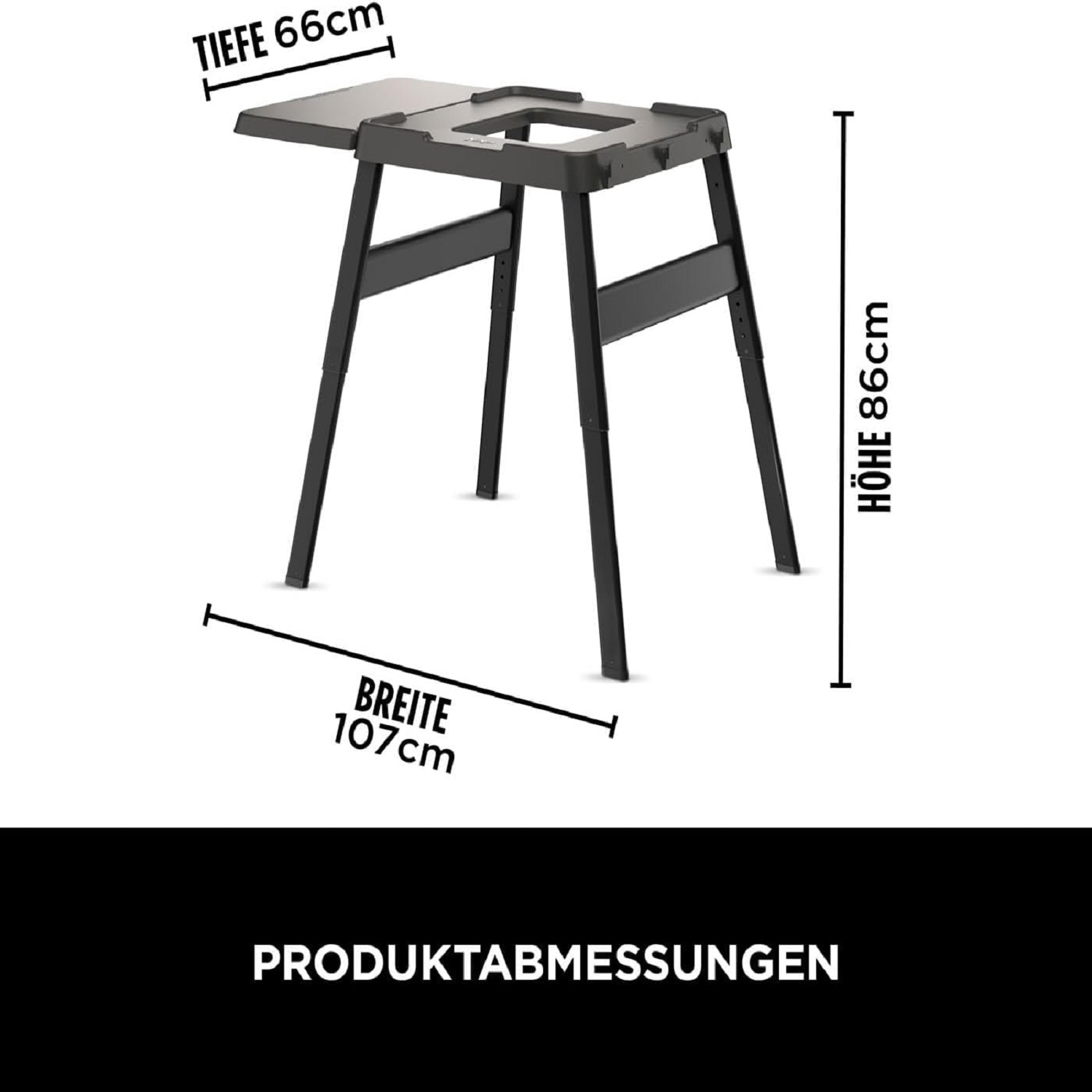 Czarny stół do grilla na zewnątrz z wymiarami w cm. Stół jest pusty i gotowy do użycia.