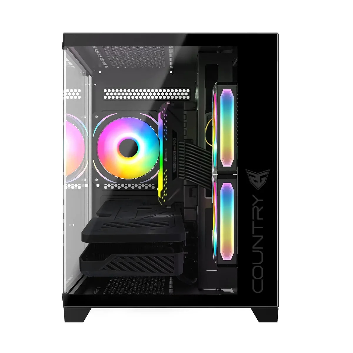 Case per computer con componenti. Pannello laterale in vetro, illuminazione RGB.