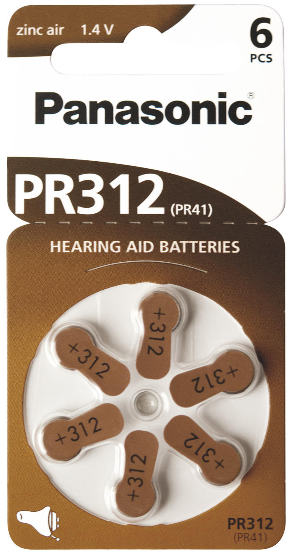 Sześć baterii do aparatów słuchowych w blistrze, białe tło.